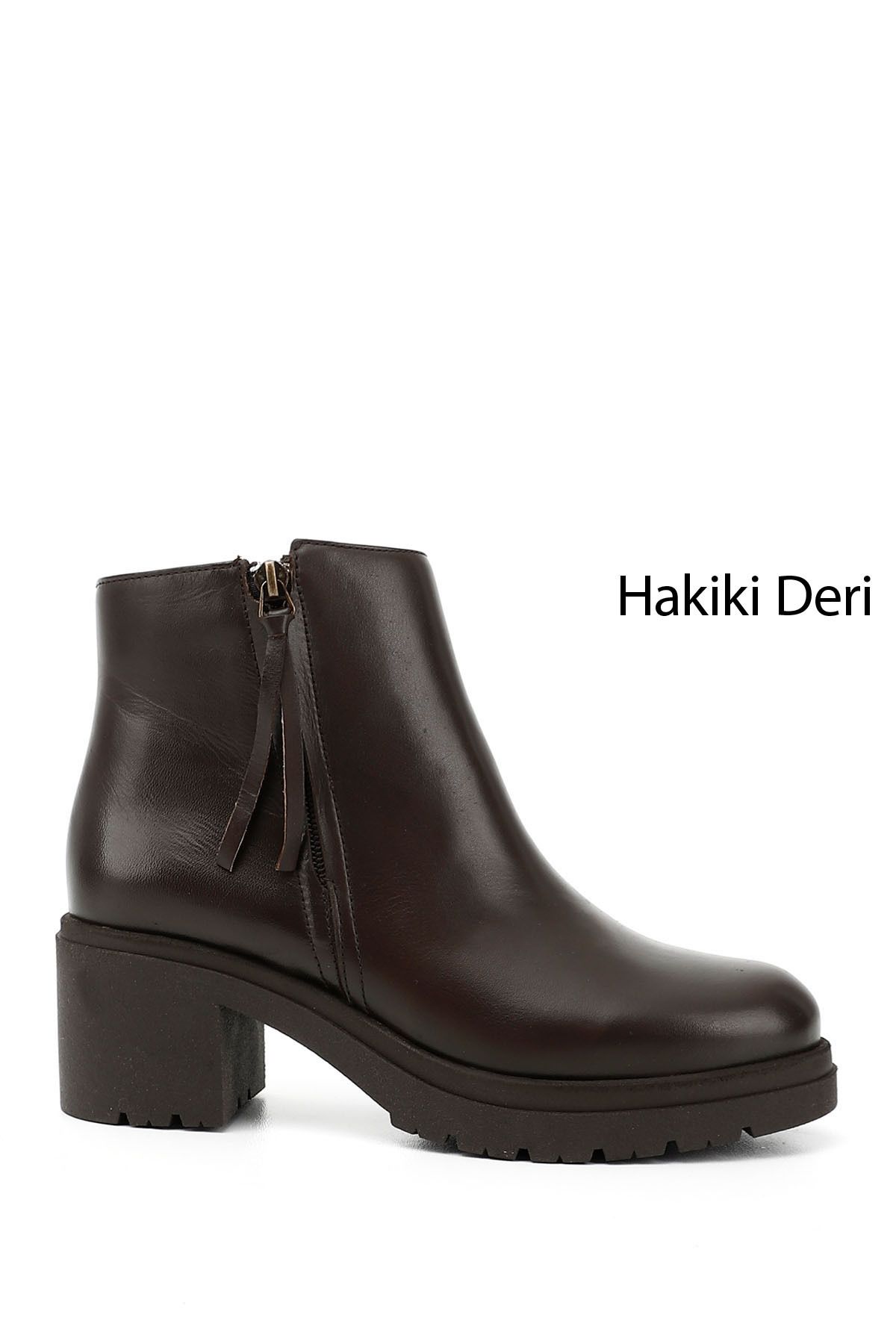GÖNDERİ(R) Kadın / Kız Kahve Antik Fermuarlı Kalın Topuklu Hakiki Deri Bot