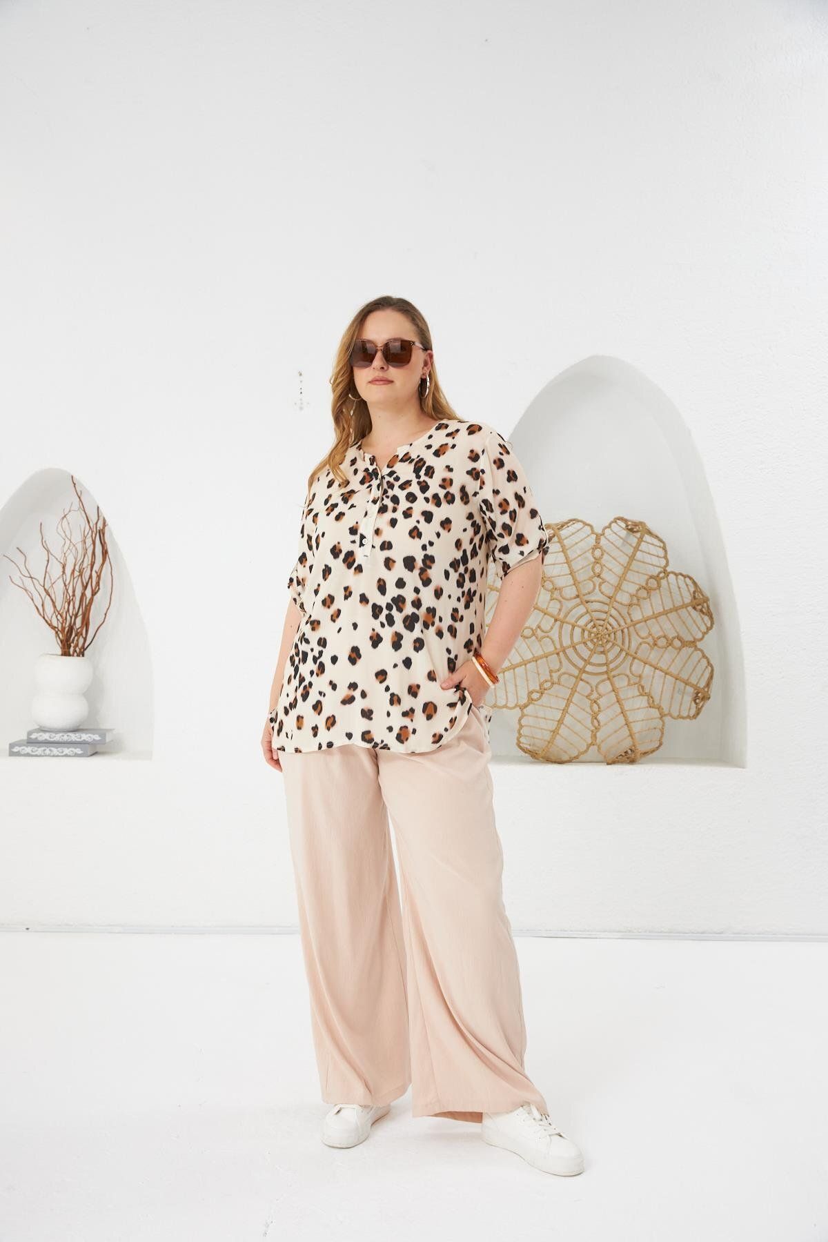 RMG-Leopard Patterned Plus Size Blouse Mink 6