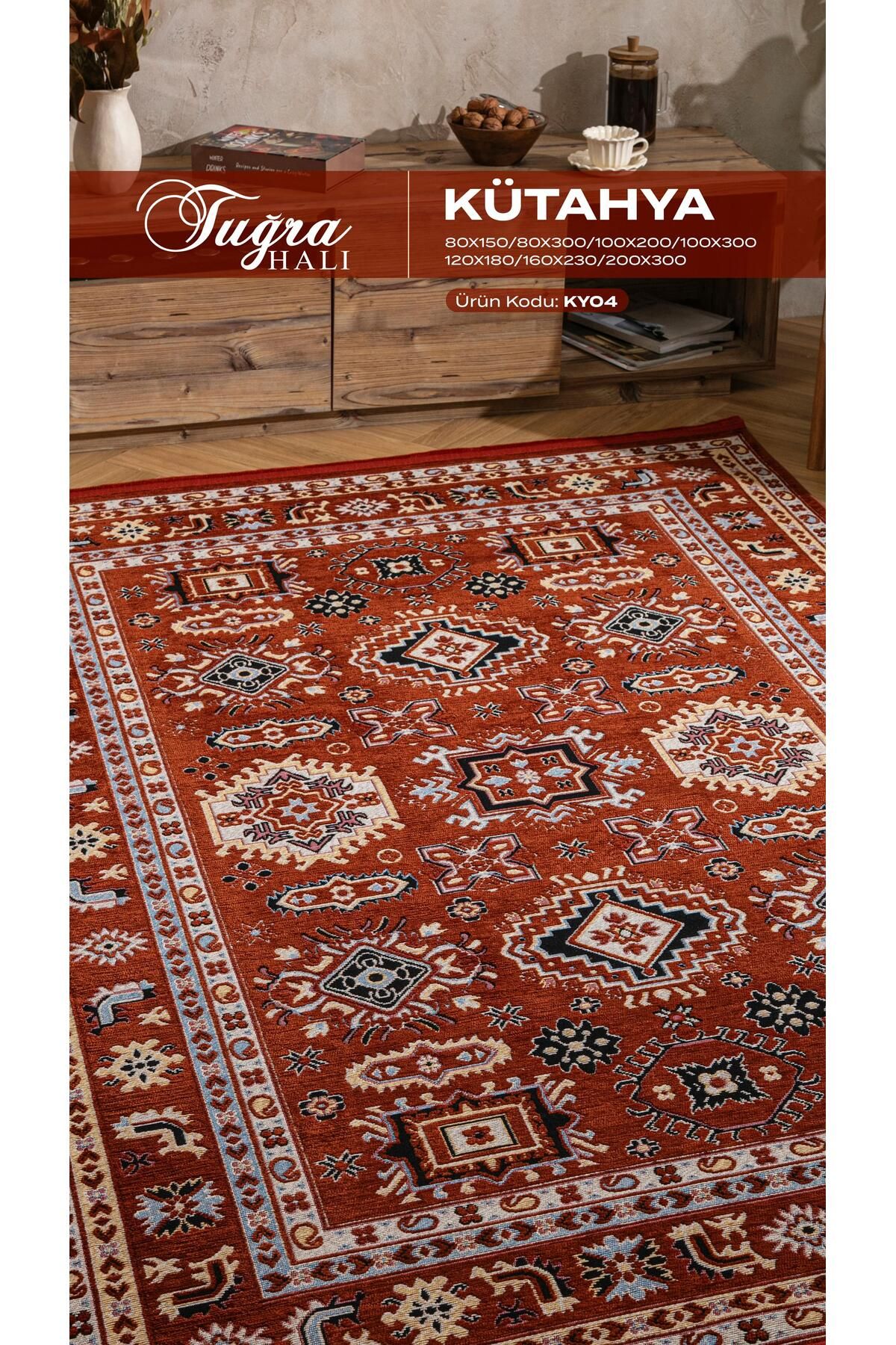 Tuğra Halı KÜTAHYA KY04 Etnik Desenli Saçaklı Halı – Kaymaz Tabanlı %64 Pamuk %36 Polyester