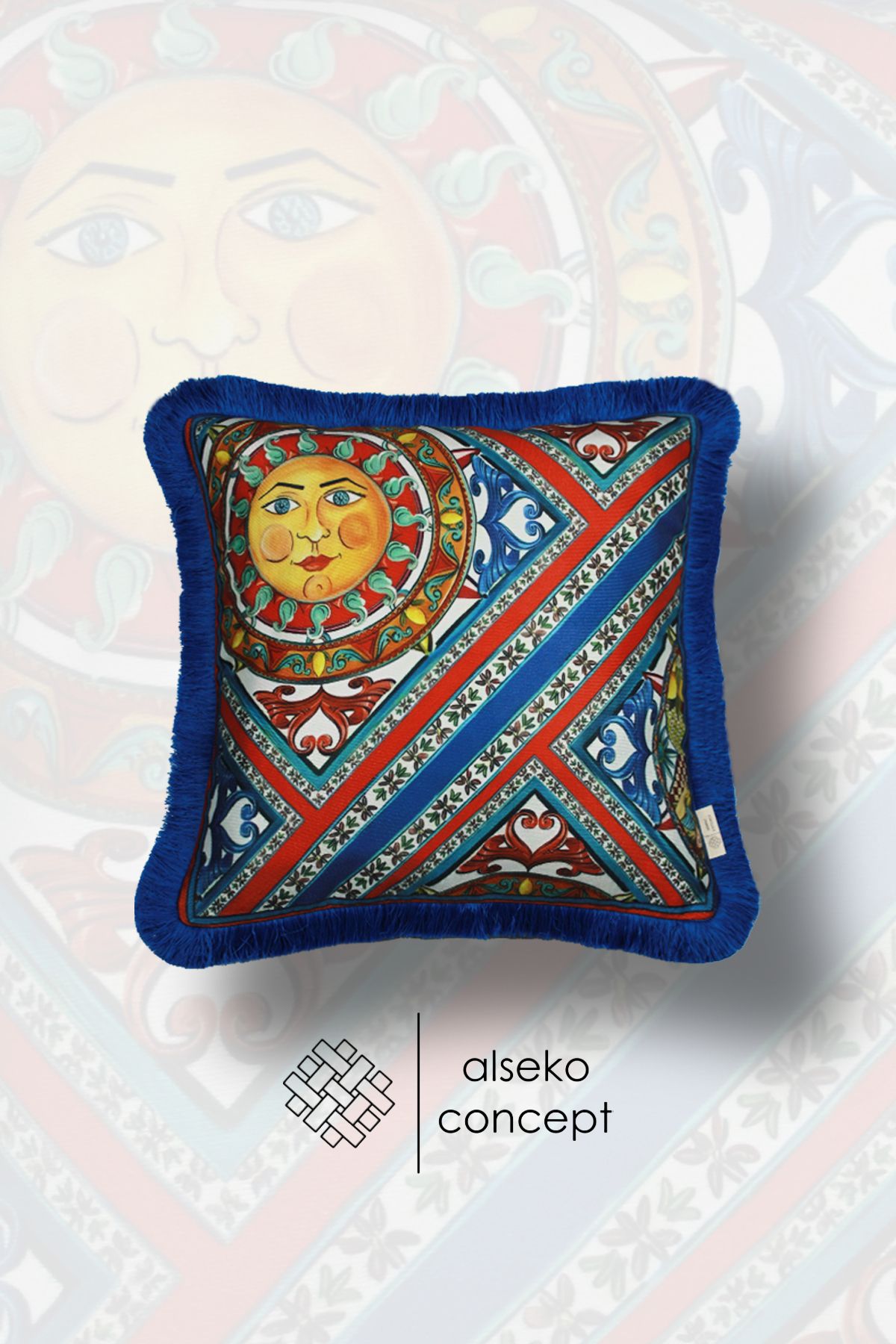 Alseko Concept Saks Püsküllü, Milano 002 Desen Dekoratif 43x43cm Kare Kırlent Kılıfı