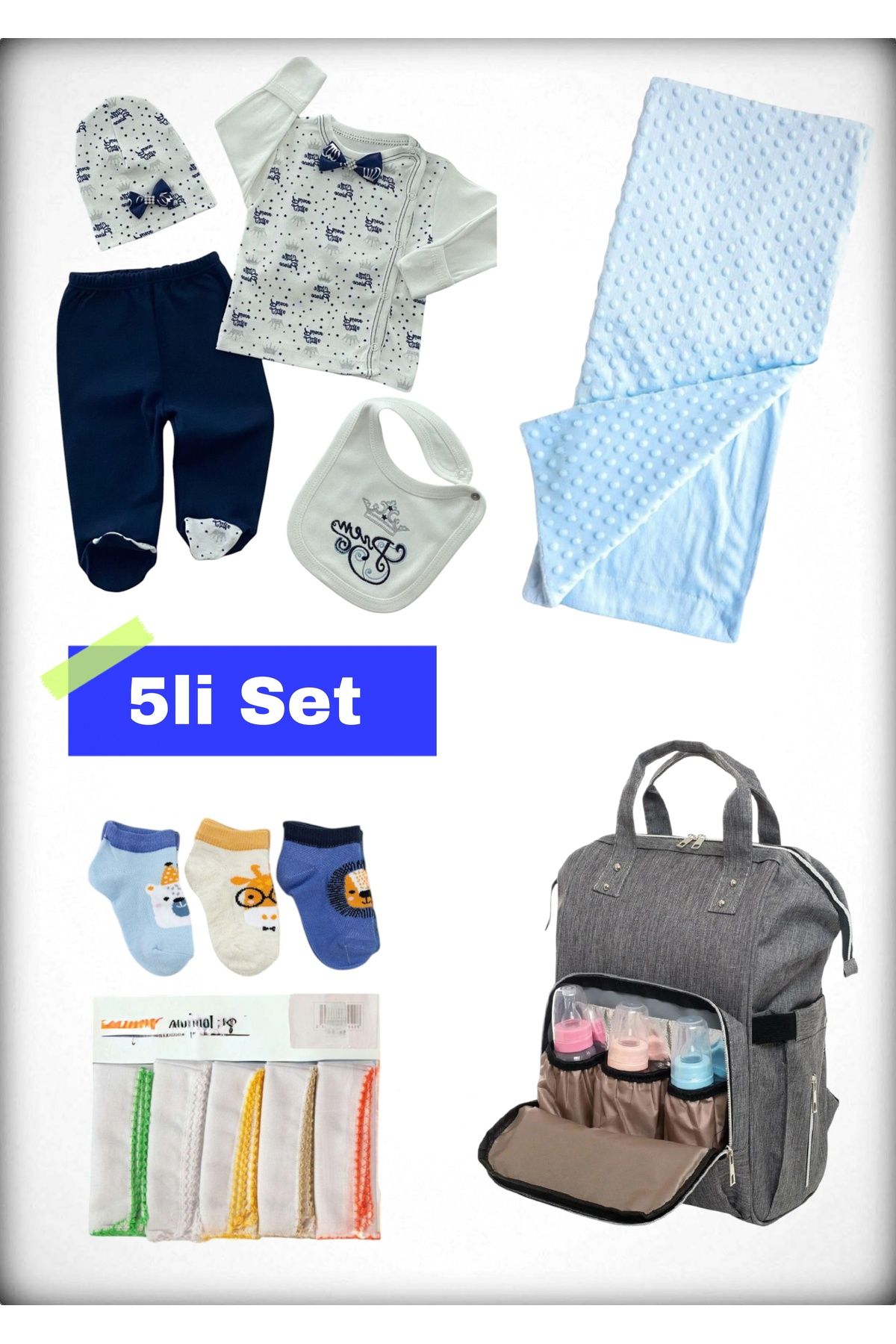 Avşar Baby 5 li Doğum Seti (Anne Bebek Çantası Hastane Çıkışı Battaniye 10 Lu Mendil Ve 3 Lü Çorap)