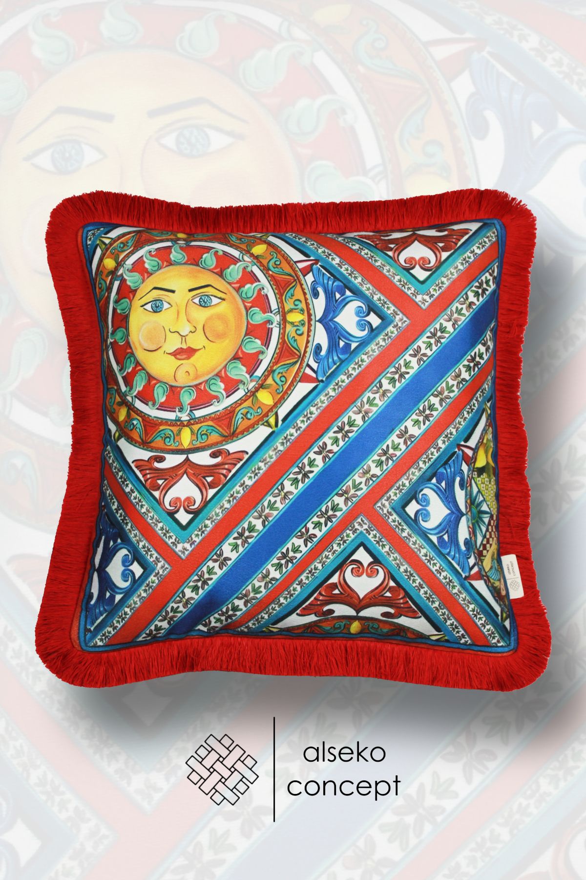 Alseko Concept Kırmızı Püsküllü, Milano 001 Desen Dekoratif 43x43cm Kare Kırlent Kılıfı