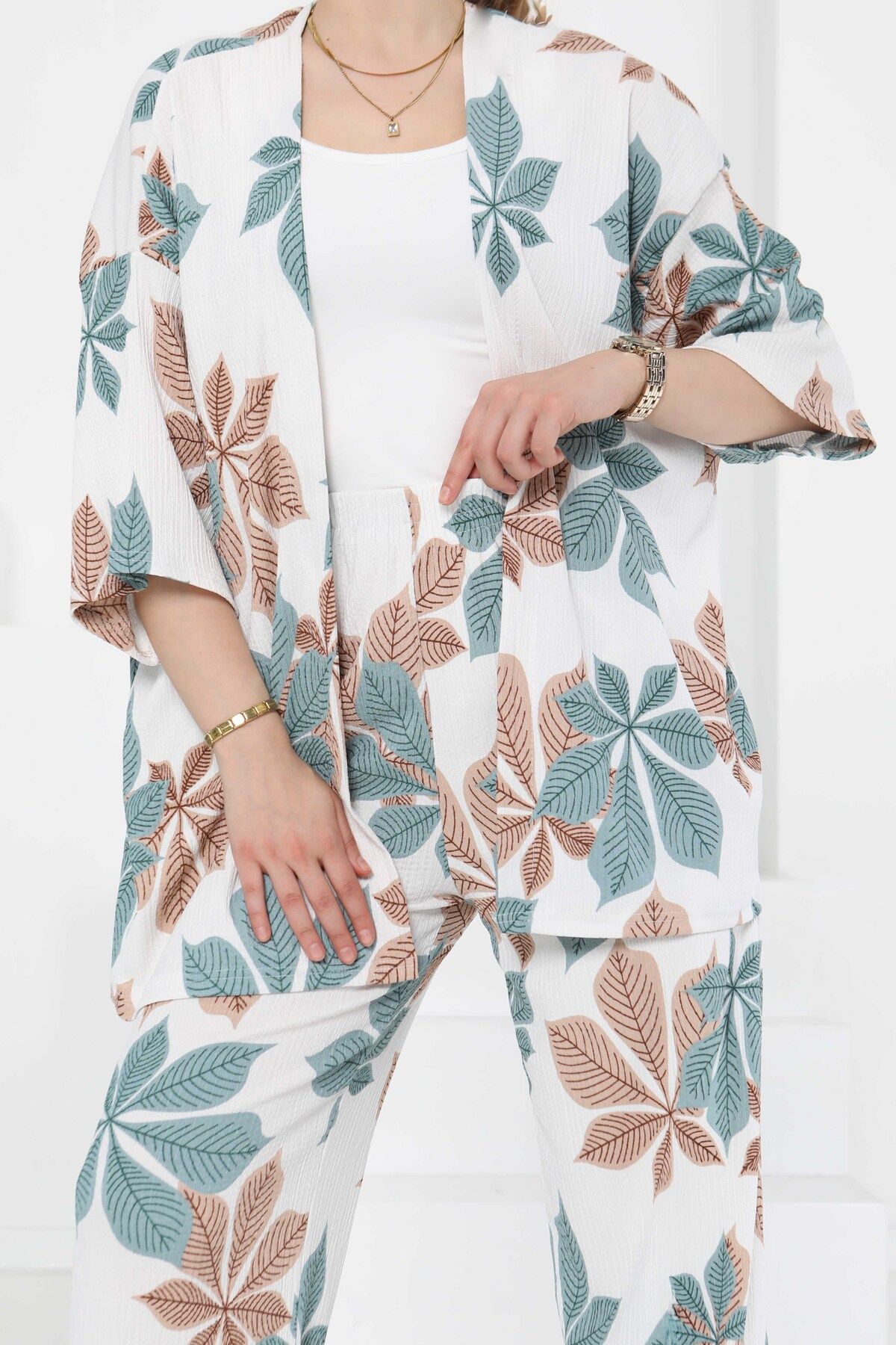 TOFİSA Desenli Kimono Takım Mint - 27284