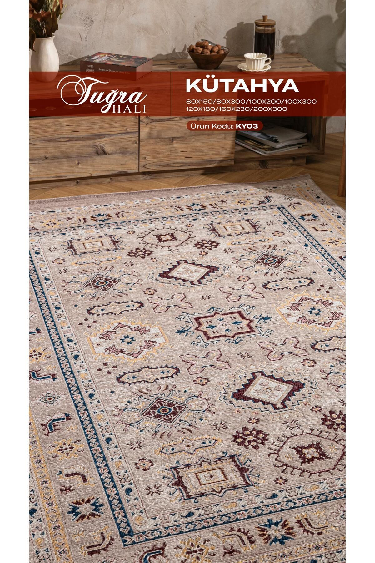 Tuğra Halı KÜTAHYA KY03 Etnik Desenli Saçaklı Halı – Kaymaz Tabanlı %64 Pamuk %36 Polyester