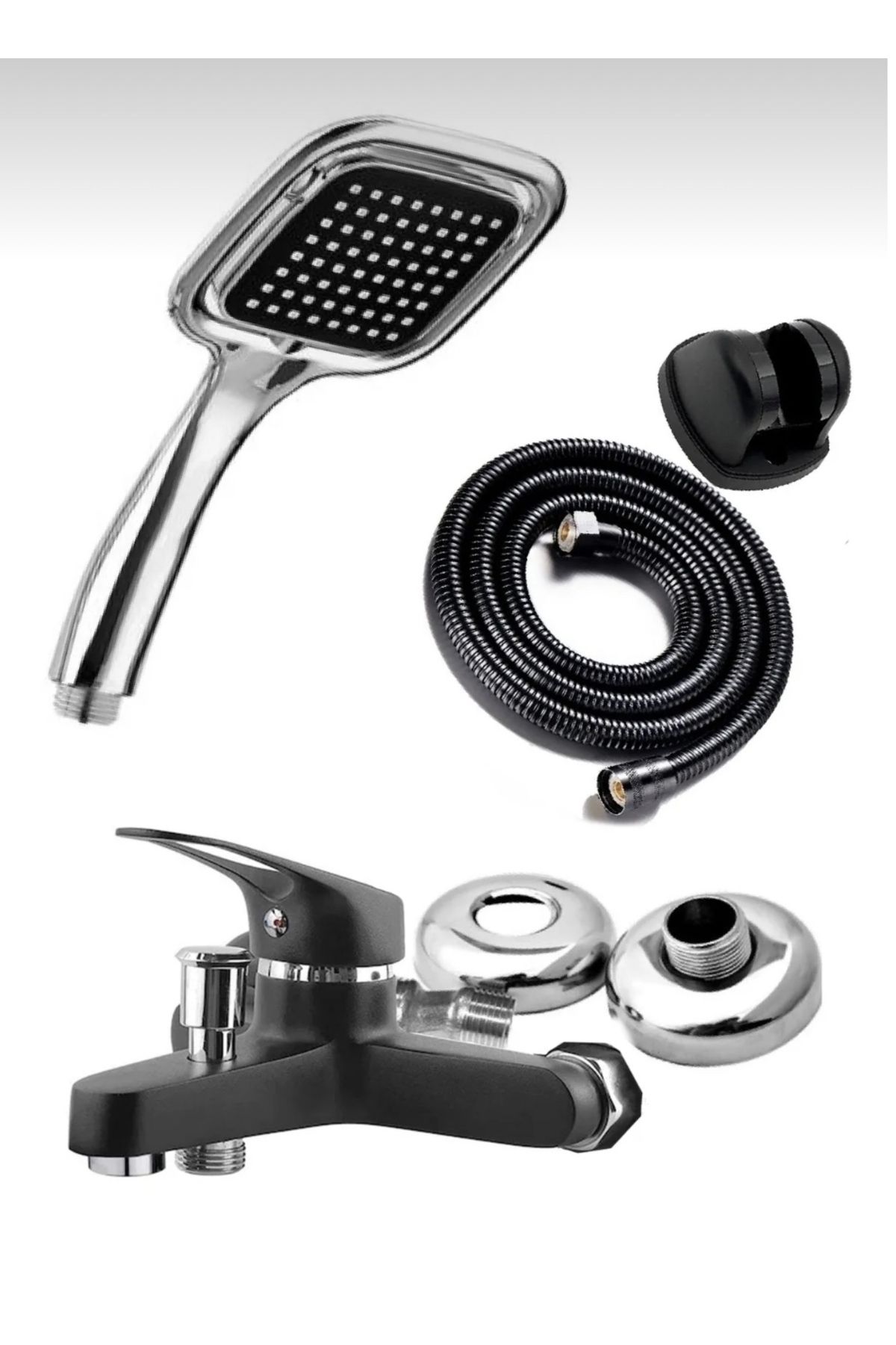 BDL ARMATÜR BDL SİYAH BANYO BATARYASI PİZZA DESEN DUŞ BAŞLIĞI HORTUM VE MAFSAL SET