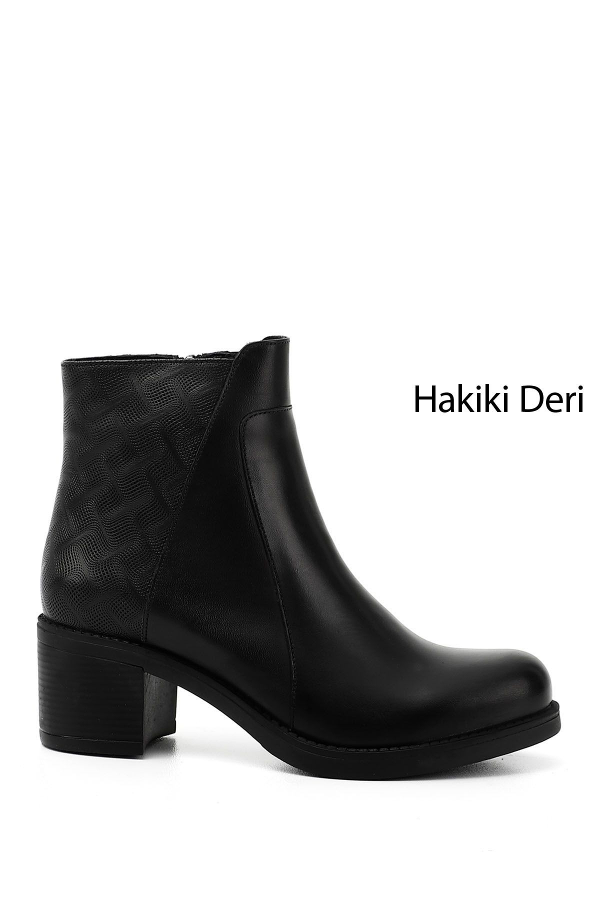 GÖNDERİ(R) Kadın / Kız Siyah Fermuarlı Kalın Topuklu Hakiki Deri Bot