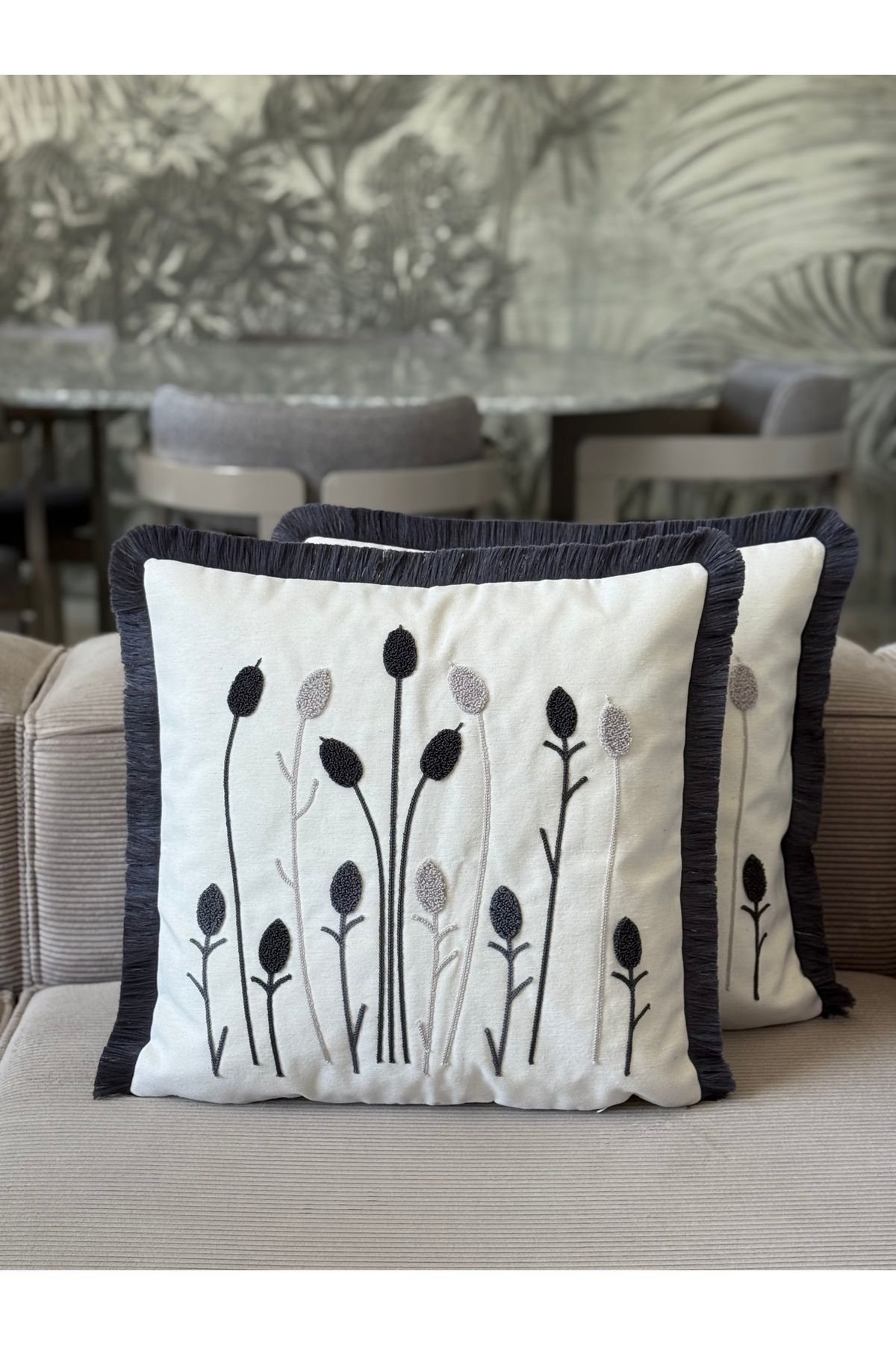 Skhome Sazlık Punch İşlemeli Saçaklı Kırlent Kılıfı 1 Adet 43x43cm(SPNC-17)