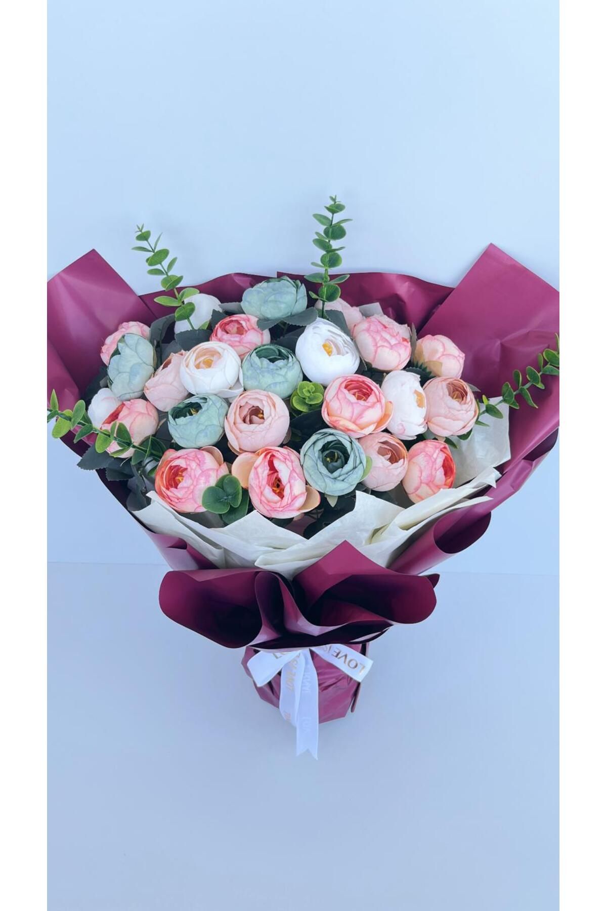 lavinia flowers design Pastel Şakayık Yapay Çiçek Buketi Bordo Ambalajlı Şık Tasarım (PEONY PEM)