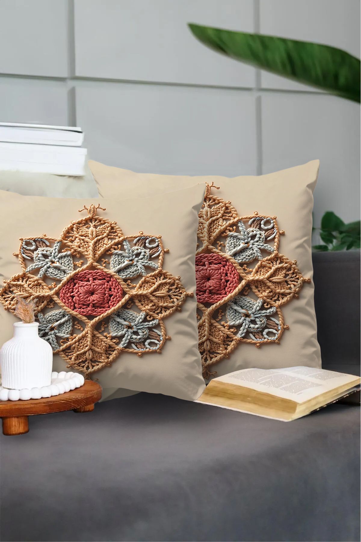 G&C HOME Punch Desenli Dijital Baskılı Çift Taraflı 2'li Takım Kirlent Kılıfı