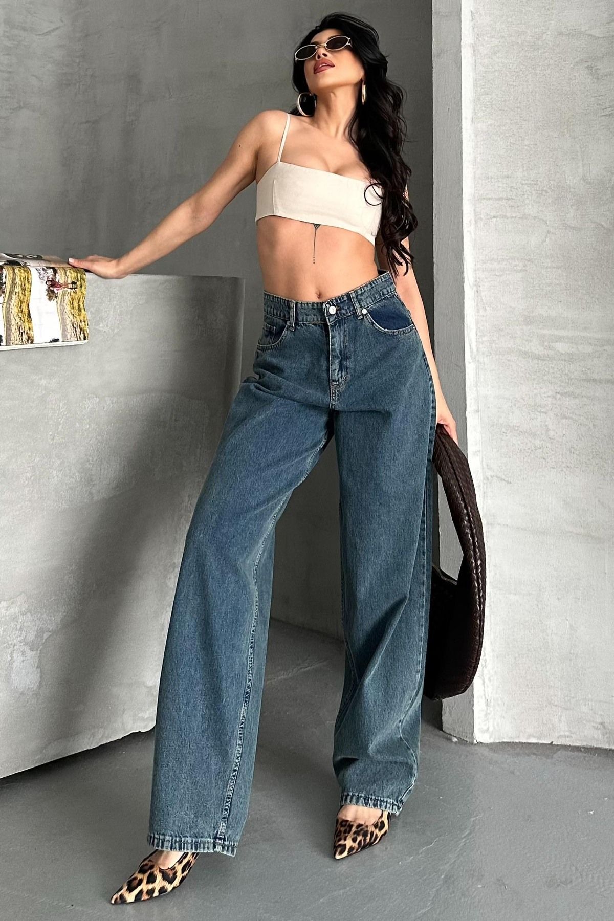 TOFİSA Kar Yıkamalı Baggy Kot Pantolon Yeşil Tint Yikama - 27269