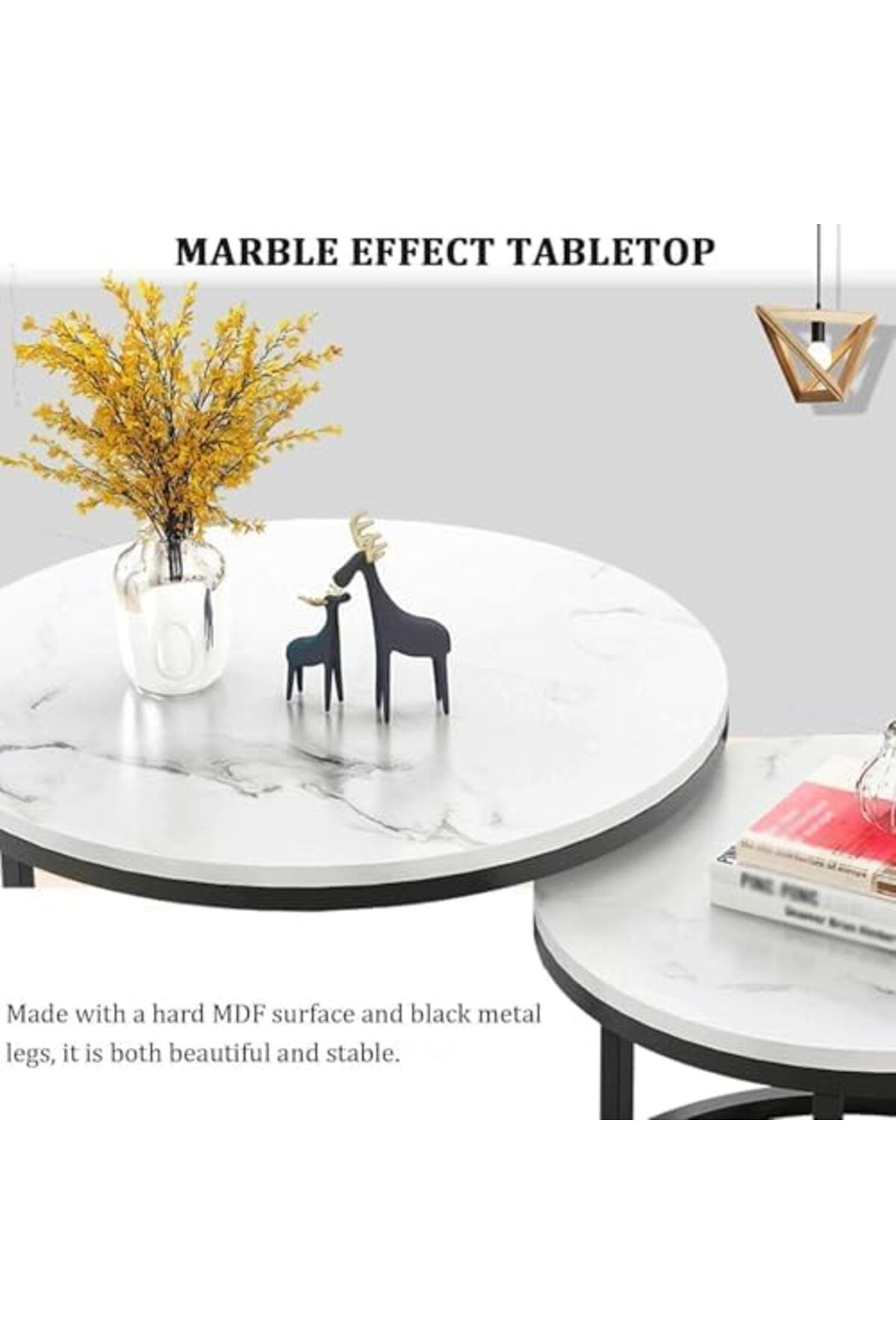 Generic-Set of 2 Round Nesting Coffee Tables – Sofa Side End Tables for Living Room – Stylish Marble Top 6
