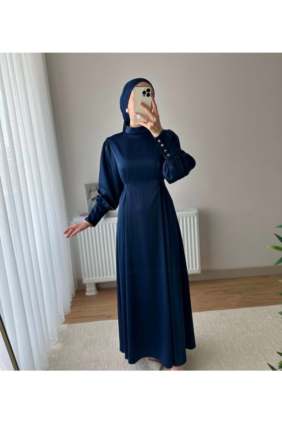 Tane 25Y4622BB ABİYE SATEN BEL KUŞAKLI BALON KOL LACI