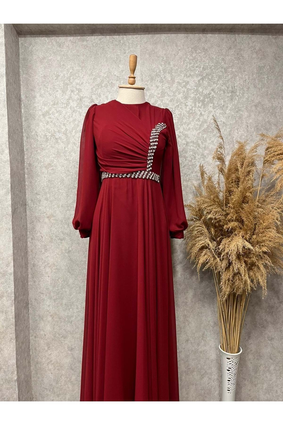 Tane 25Y4636 ELBİSE ABİYE ŞİFON BEL VE GÖĞÜS TAŞ İŞLEMELİ BORDO