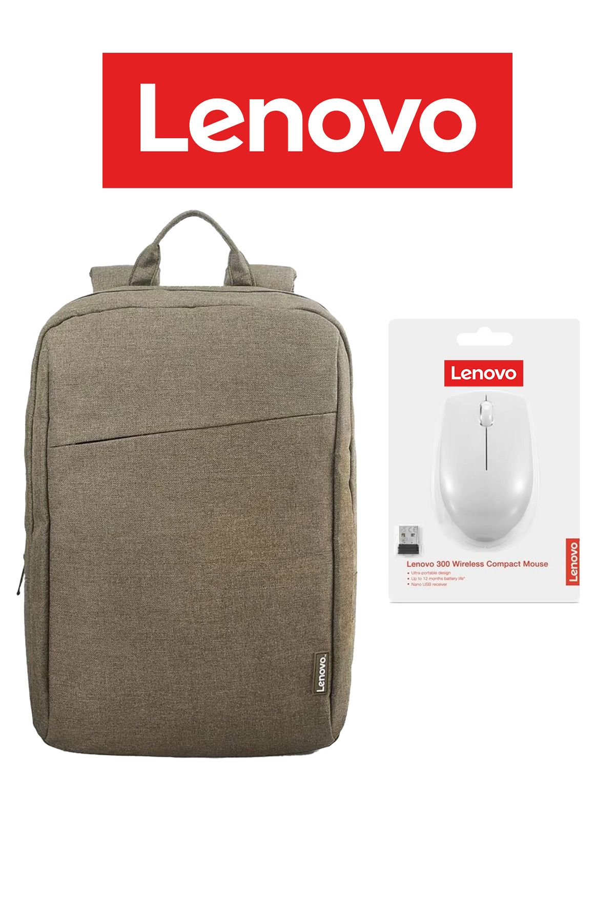 LENOVO Case 15.6" B210 Notebook Sırt Çantası Haki + LENOVO 300 Kablosuz Kompakt Mouse- GRİ