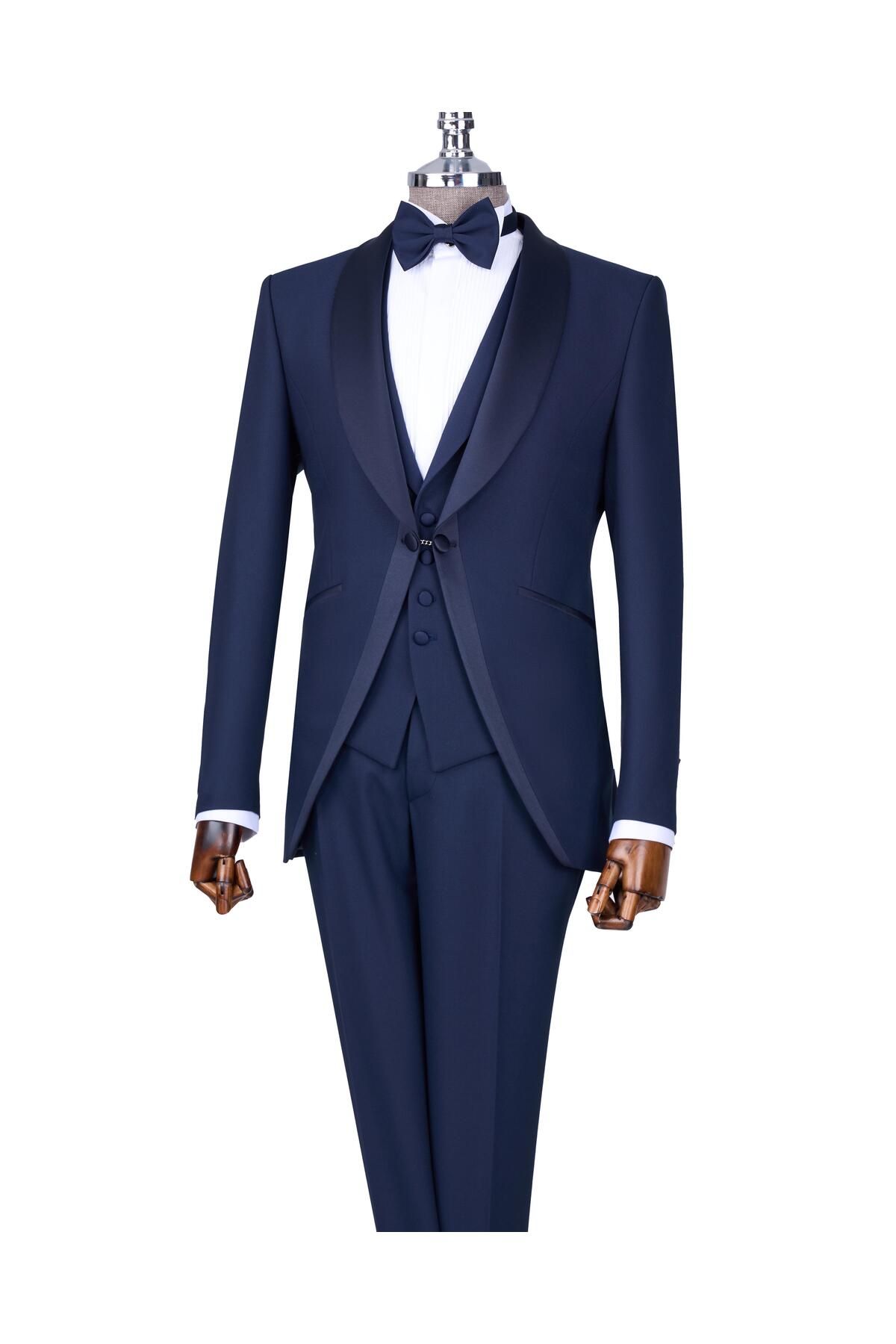 TerziAdemAltun İtalyan stil slim fit şal yaka ceket yelek pantolon damatlık set lacivert T13696