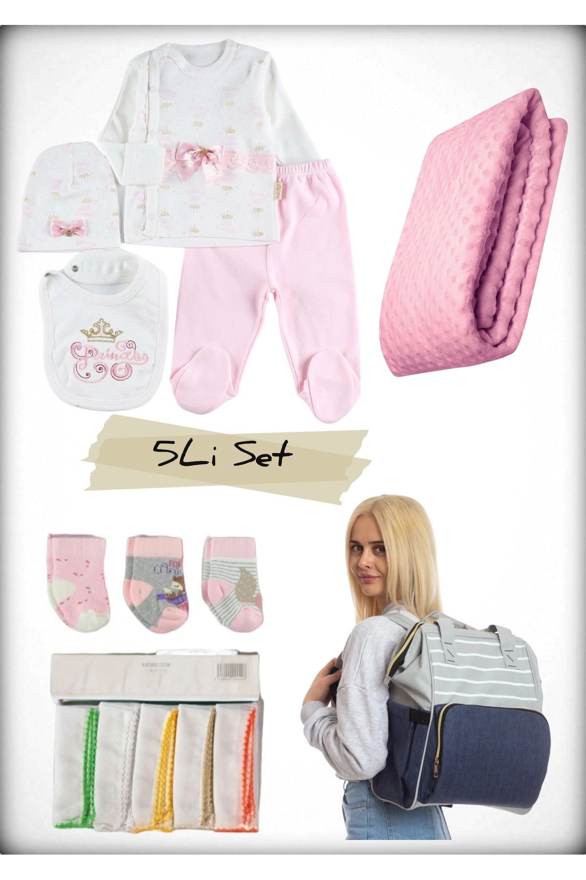 Avşar Baby 5 li Doğum Seti (Anne Bebek Çantası Hastane Çıkışı Battaniye 10 Lu Mendil Ve 3 Lü Çorap)