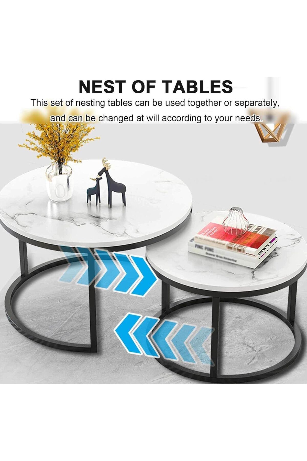 Generic-Set of 2 Round Nesting Coffee Tables – Sofa Side End Tables for Living Room – Stylish Marble Top 7