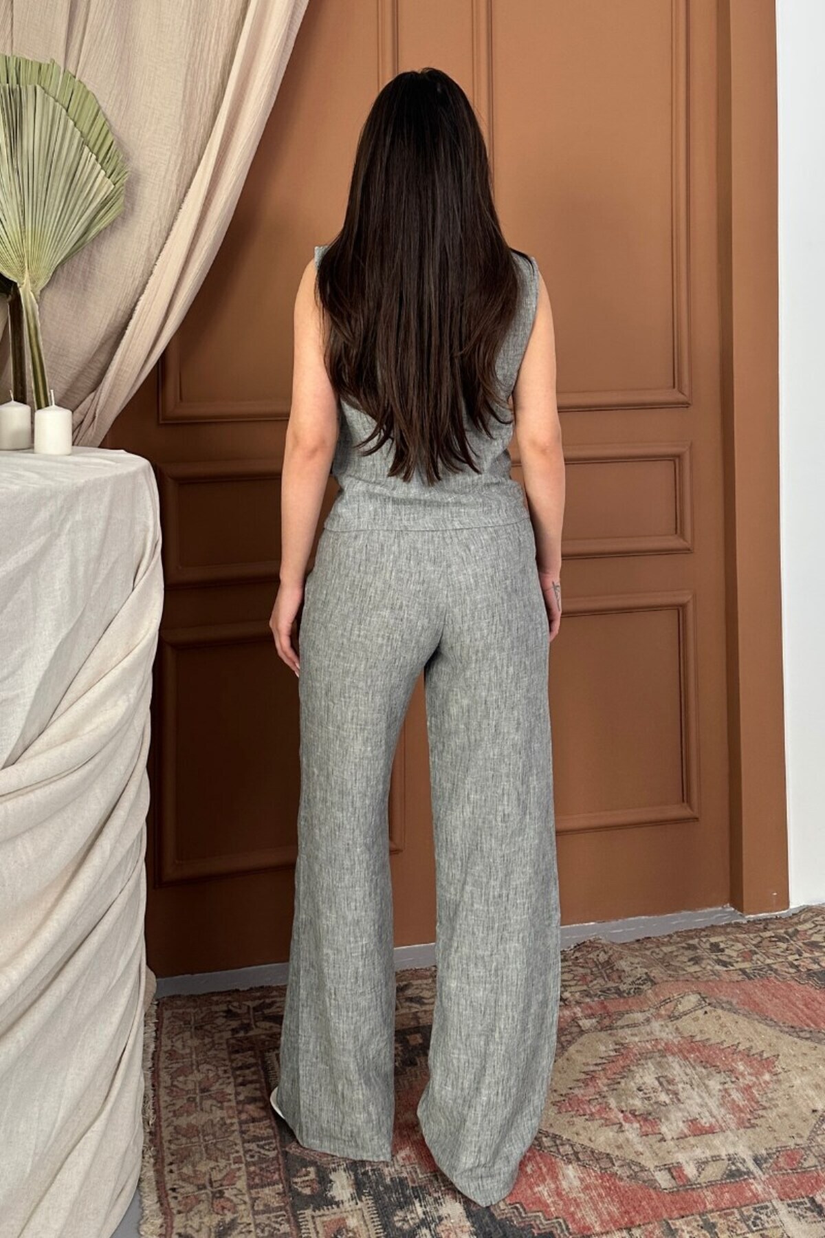 spirituel-Women's Bottom Top Set Linen Button and Pocket Detail Double Breasted Collar Vest Wide Leg Pants Set 8