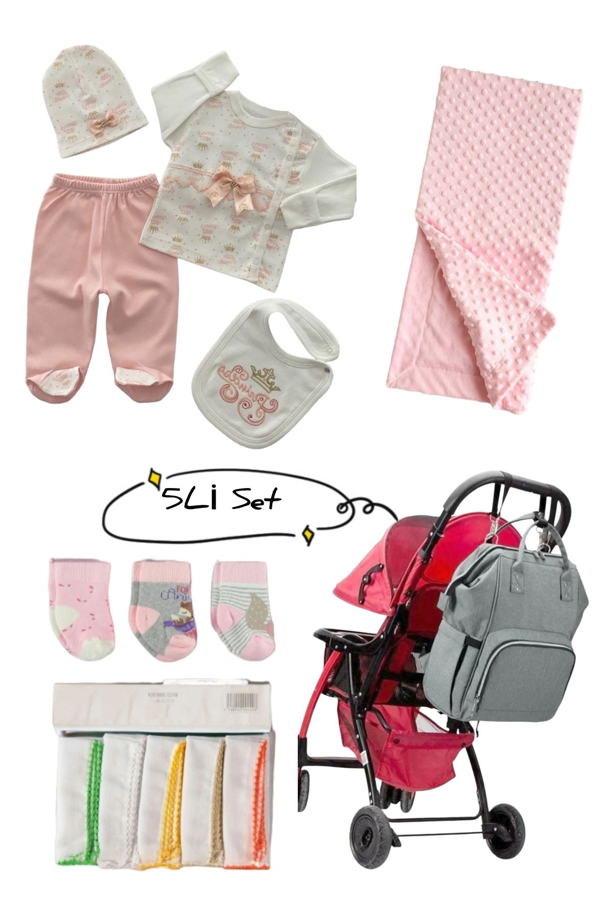 Avşar Baby 5 li Doğum Seti (Anne Bebek Çantası Hastane Çıkışı Battaniye 10 Lu Mendil Ve 3 Lü Çorap)