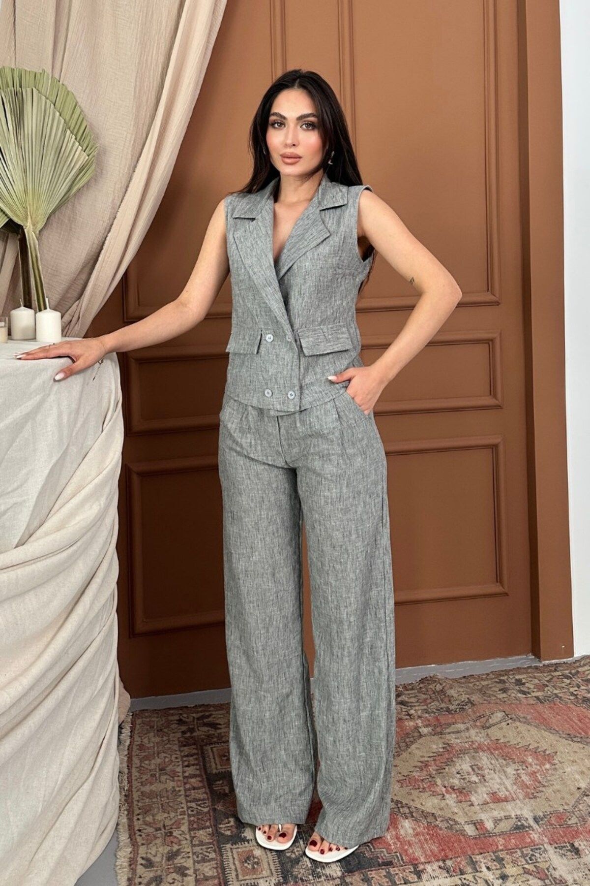 spirituel-Women's Bottom Top Set Linen Button and Pocket Detail Double Breasted Collar Vest Wide Leg Pants Set 2