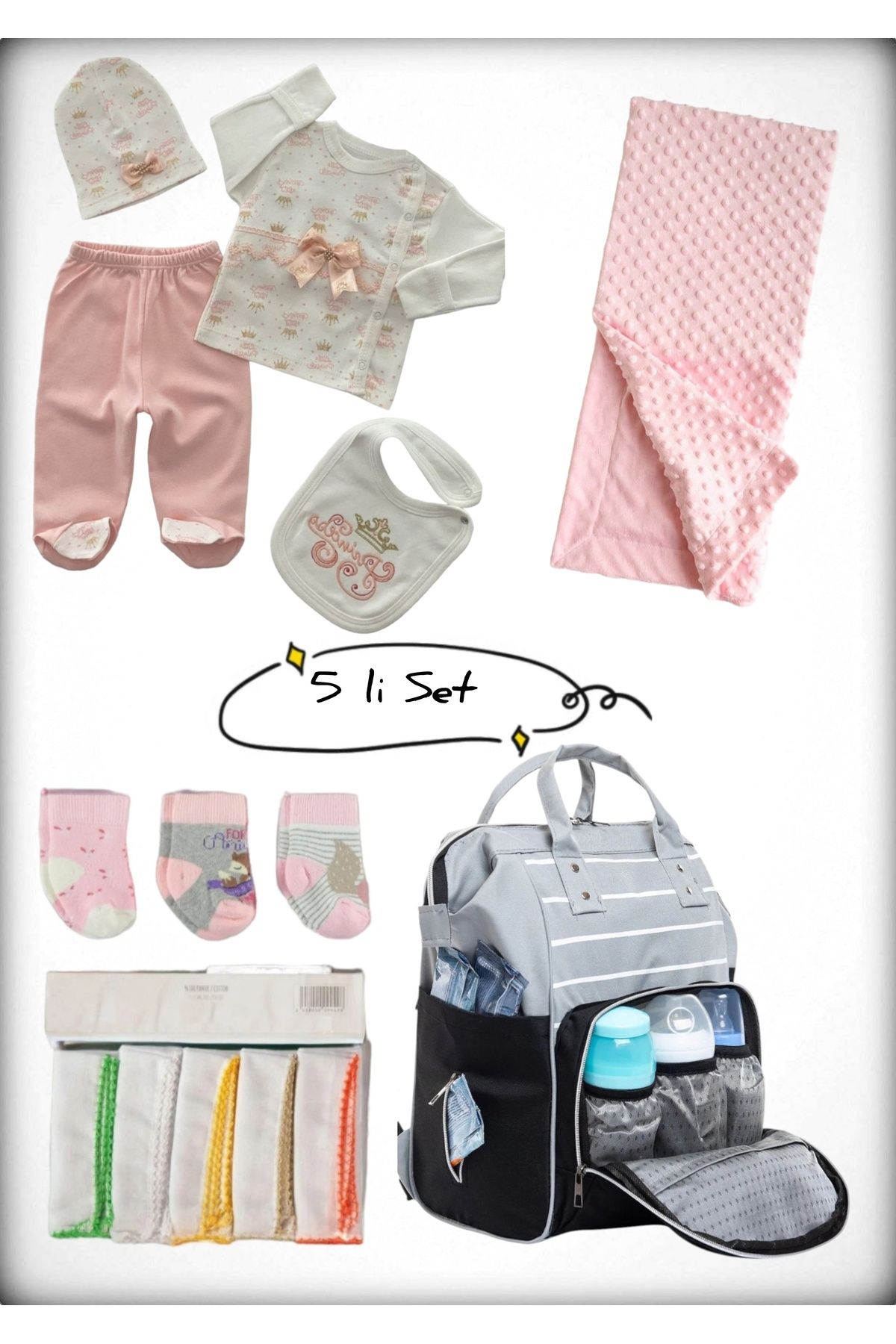 Avşar Baby 5 li Doğum Seti (Anne Bebek Çantası Hastane Çıkışı Battaniye 10 Lu Mendil Ve 3 Lü Çorap)