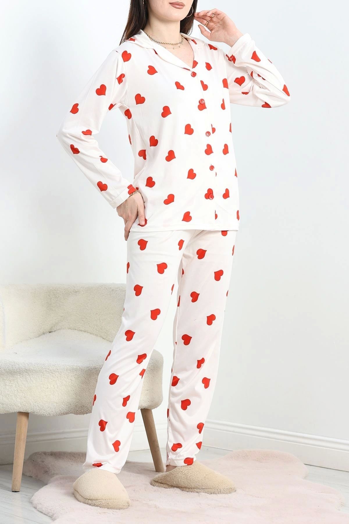 OurStyles Milan Kumaş Düğmeli Pijama Takımı Beyazkırmızı - 50583.1950.