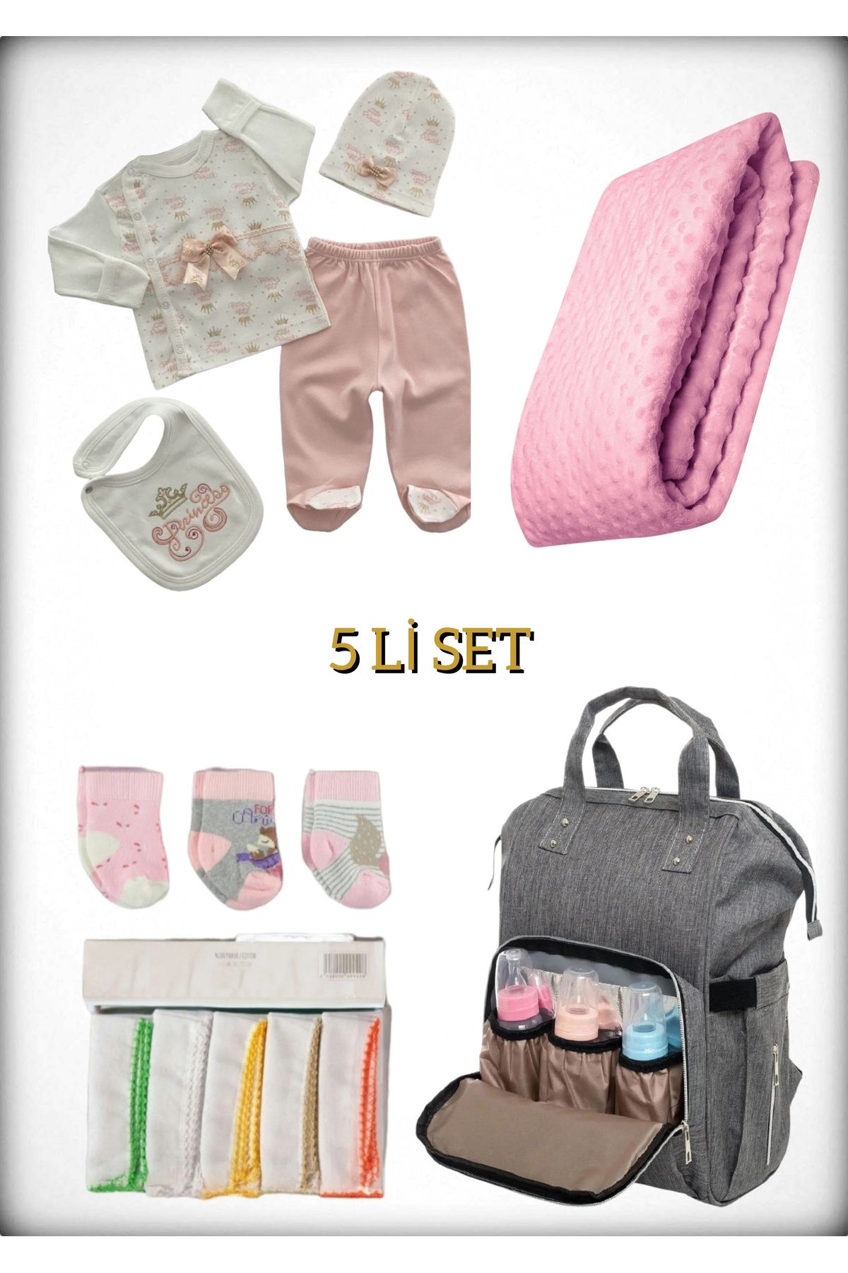 Avşar Baby 5 li Doğum Seti (Anne Bebek Çantası Hastane Çıkışı Battaniye 10 Lu Mendil Ve 3 Lü Çorap)
