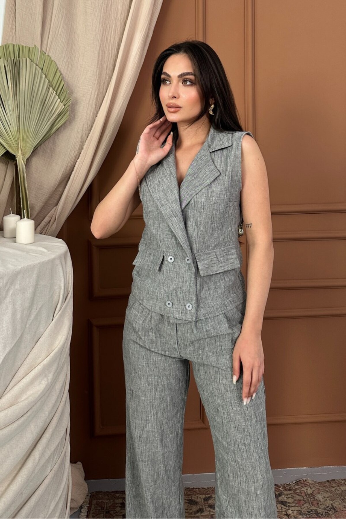 spirituel-Women's Bottom Top Set Linen Button and Pocket Detail Double Breasted Collar Vest Wide Leg Pants Set 5