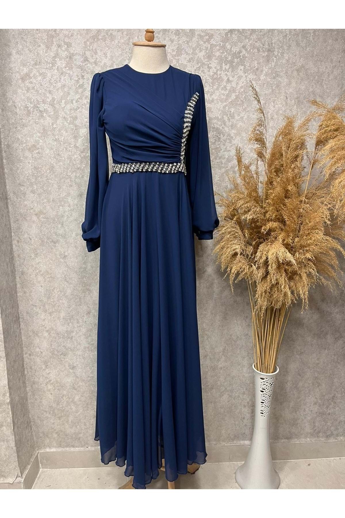 Tane 25Y4636 ELBİSE ABİYE ŞİFON BEL VE GÖĞÜS TAŞ İŞLEMELİ LACI