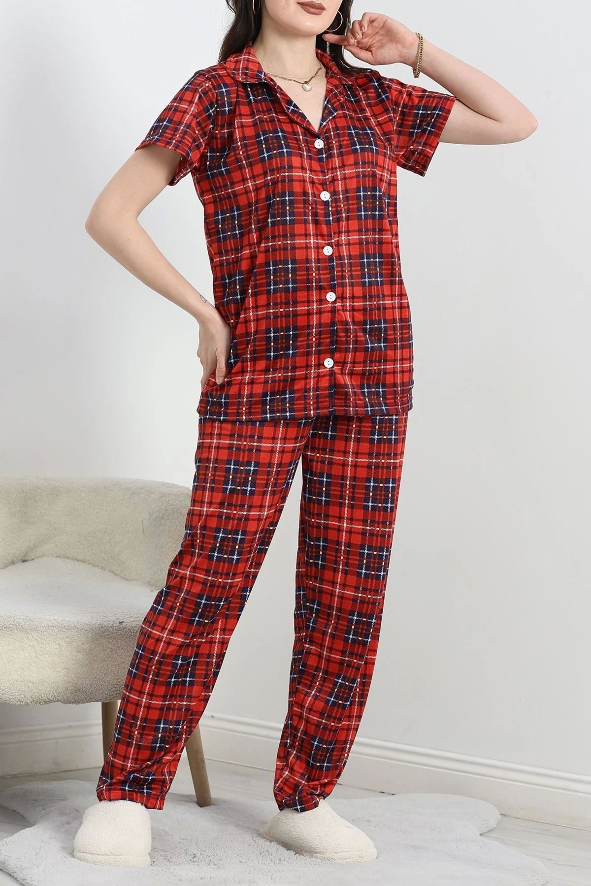 OurStyles Milan Kumaş Düğmeli Pijama Takımı Kırmızıekose - 50579.1950.