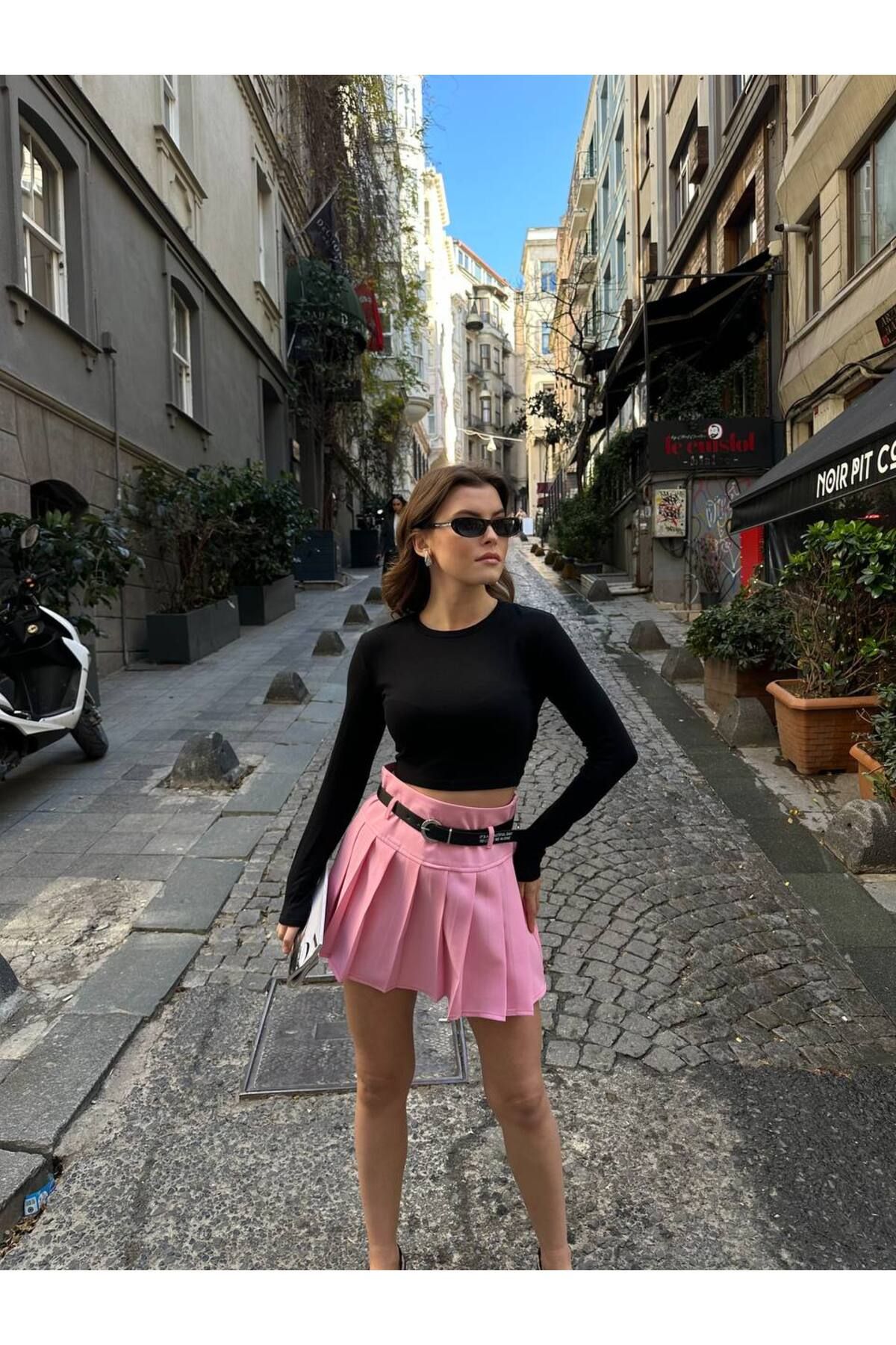 POP STORY Kadın Piliseli Mini Etek Kemerli Yüksek Bel