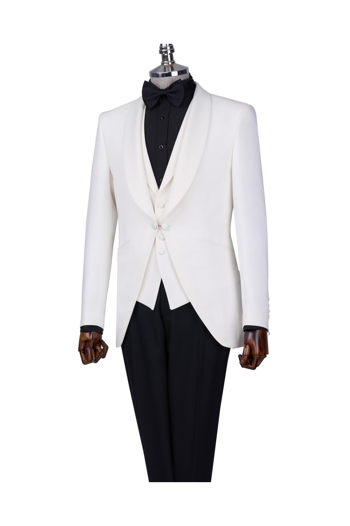 TerziAdemAltun İtalyan stil slim fit şal yaka ceket yelek pantolon damatlık set beyaz T13695