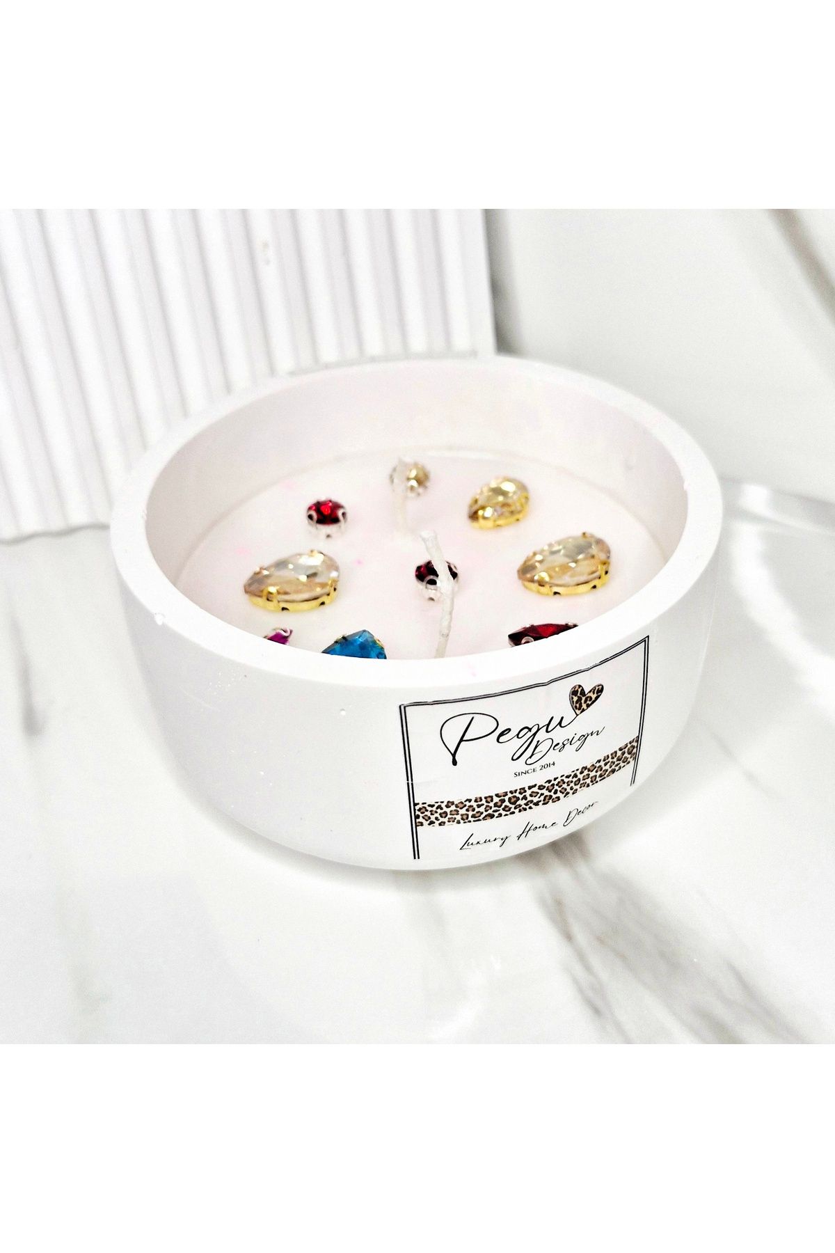 Pegubabycollection Kristal Taşlı Özel Tasarım %100 Doğal Soya Wax Mum, yuvarlak kase model