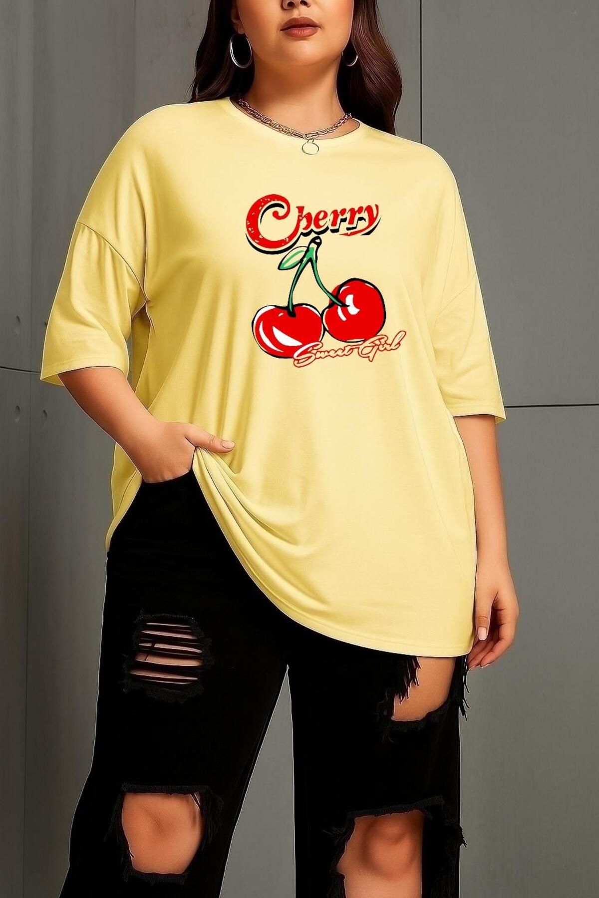 BENROMA BÜYÜK BEDEN CHERRY KİRAZ BASKILI UNİSEX TİŞÖRT