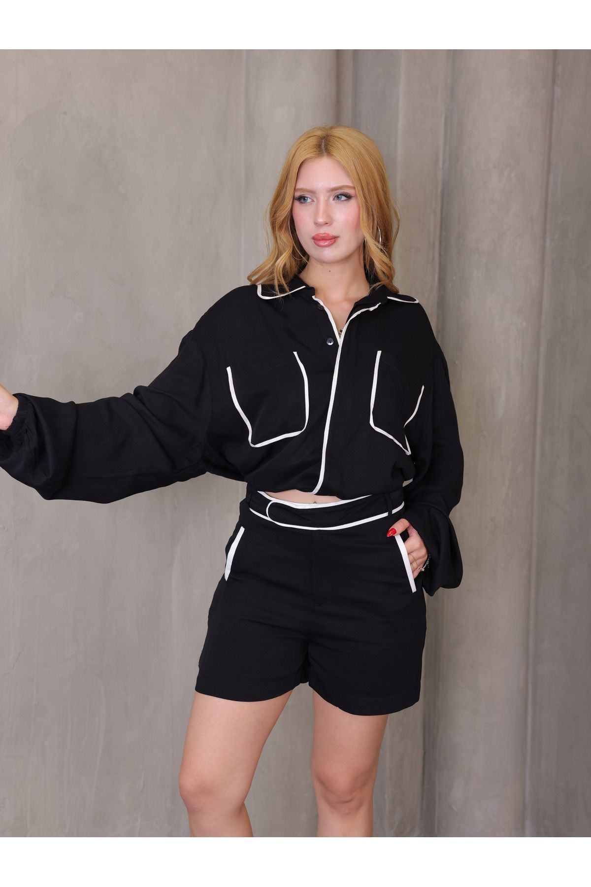 MISS MERCAN Siyah Gömlek ve Şort Serit Detayli Esofman Takimi kadın set üst ve alt kadın eşofman Sportswear