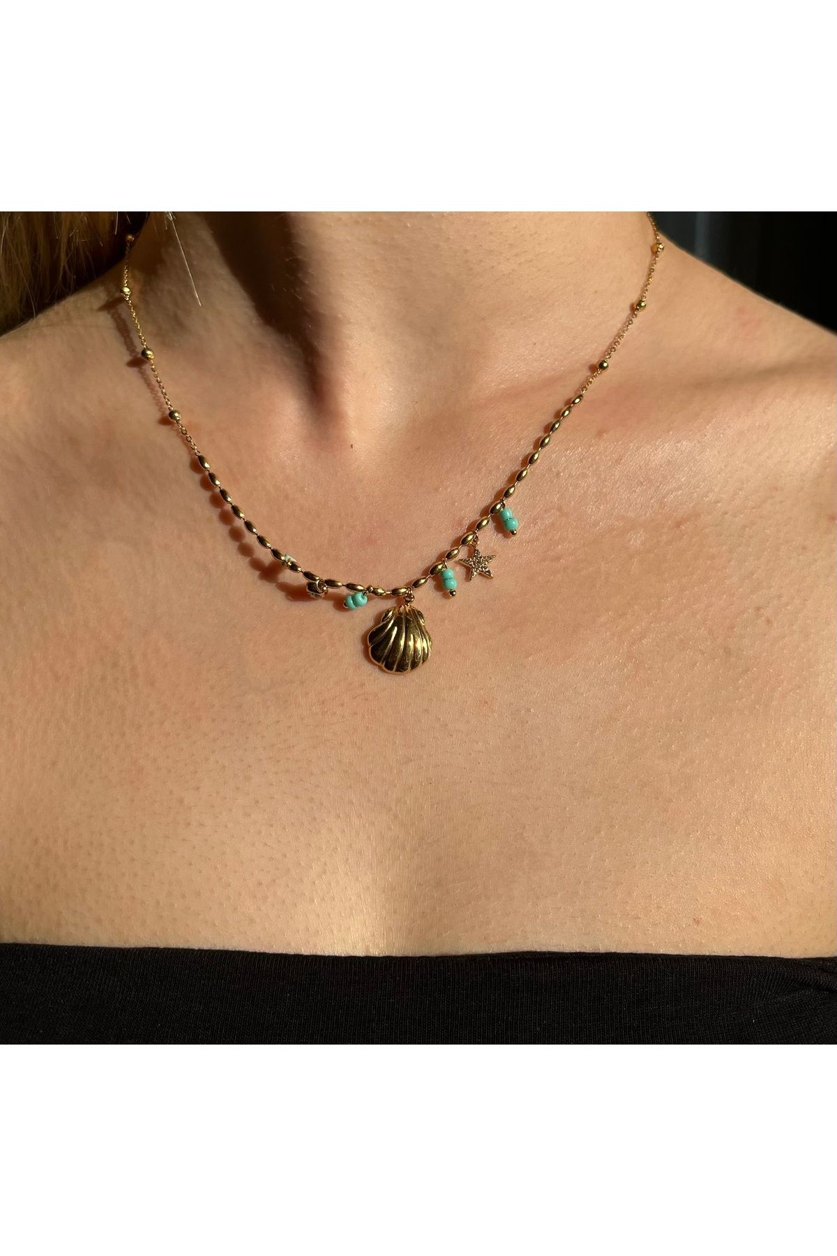 B&E SHİNE JEWERLY Kararmaz Çelik İstiridye Mavi Boncuk Detay Kolye