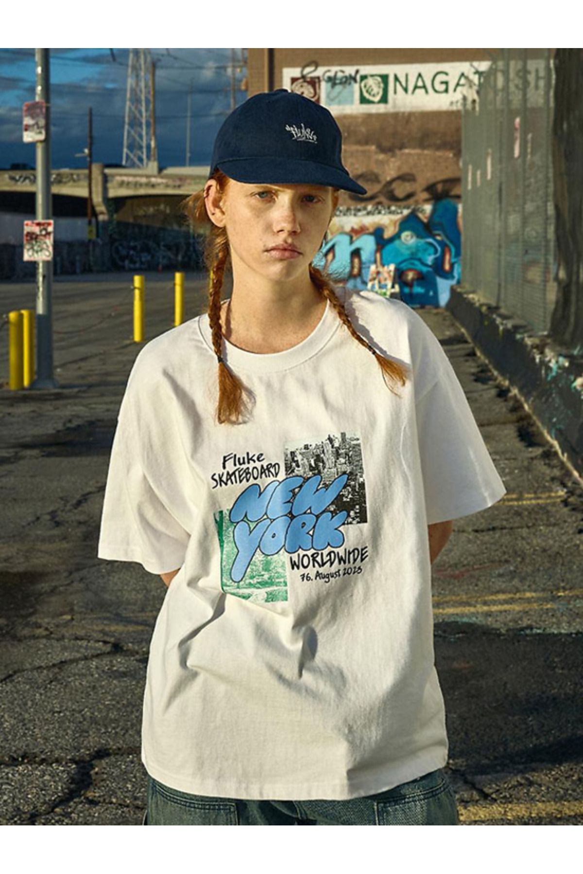 ELNOYA Unisex Pamuklu Beyaz Oversize "New York" Baskılı Bisiklet Yaka Rahat T-shirt