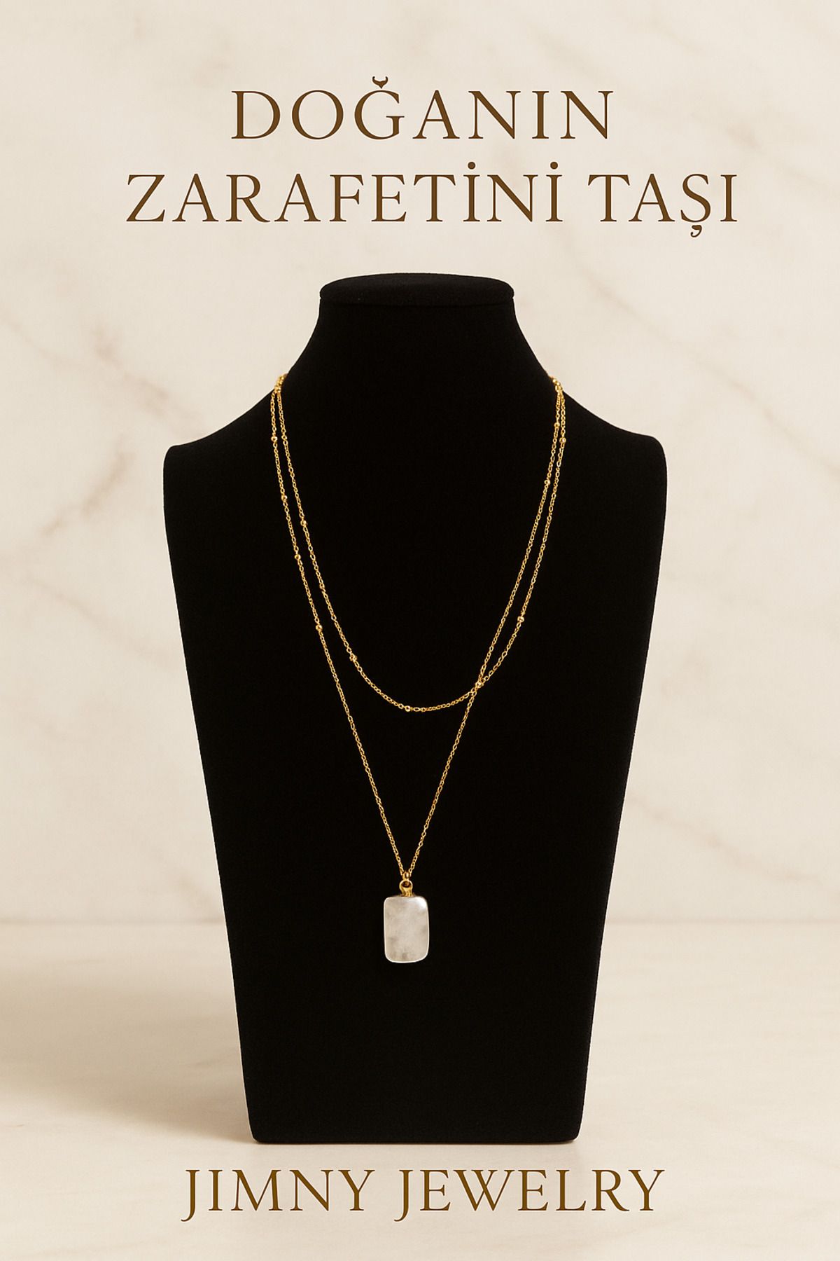 JİMNY JEWELRY Pelot Gold Dikdörtgen Kesim Kristal Kuvars Uçlu Kolye