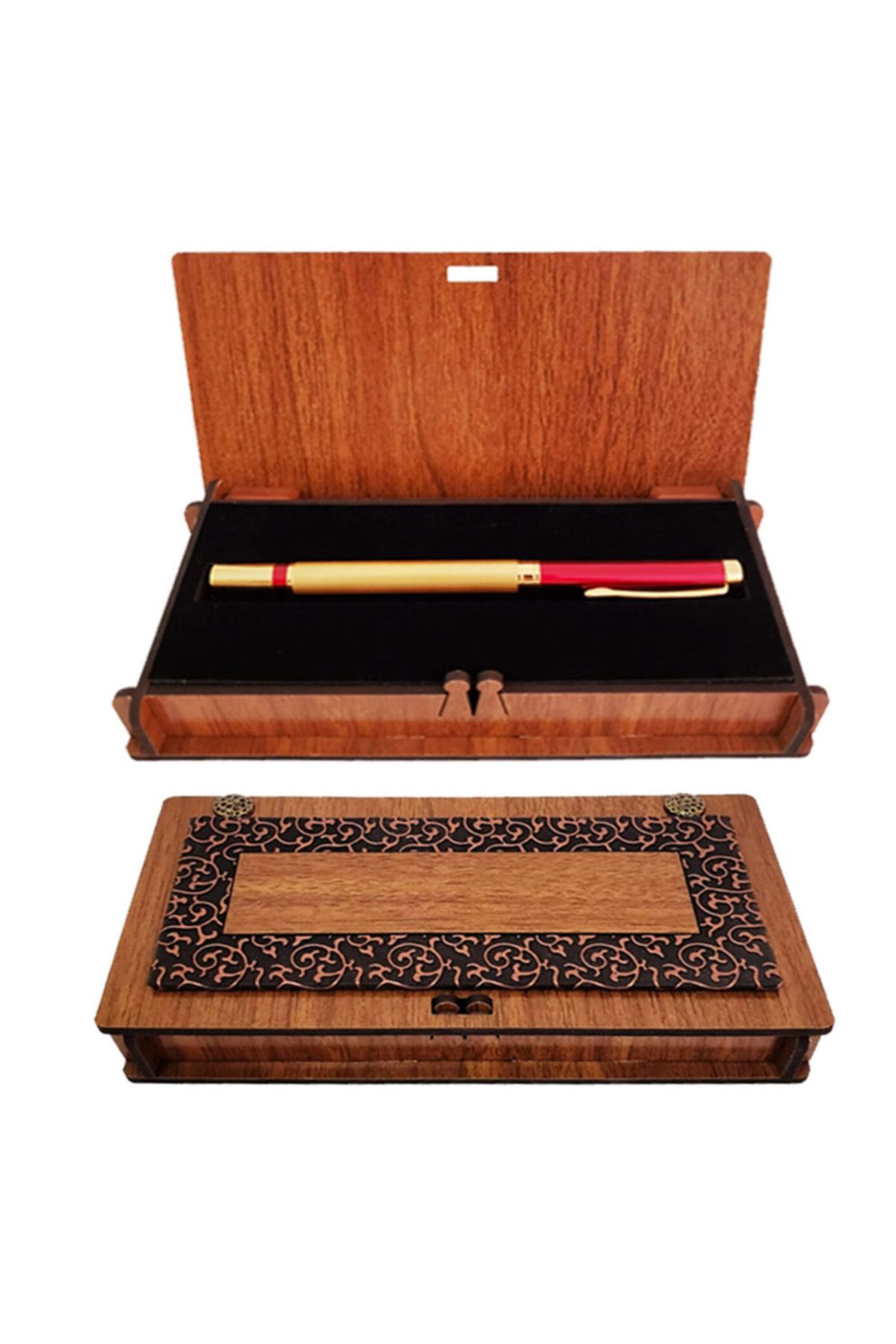 Butik Ahşap Kutulu Gold Kırmızı Tasarım Roller Kalem