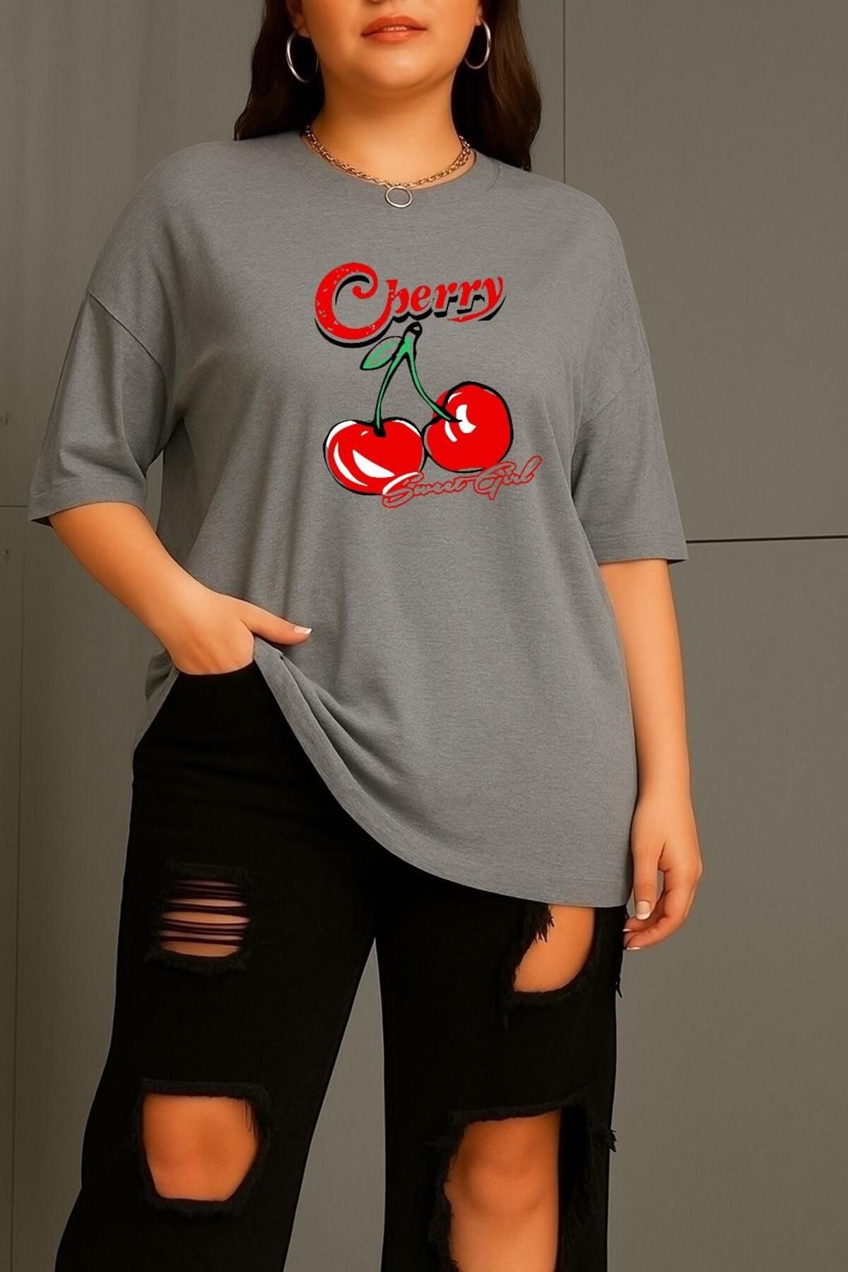 BENROMA BÜYÜK BEDEN CHERRY KİRAZ BASKILI UNİSEX TİŞÖRT