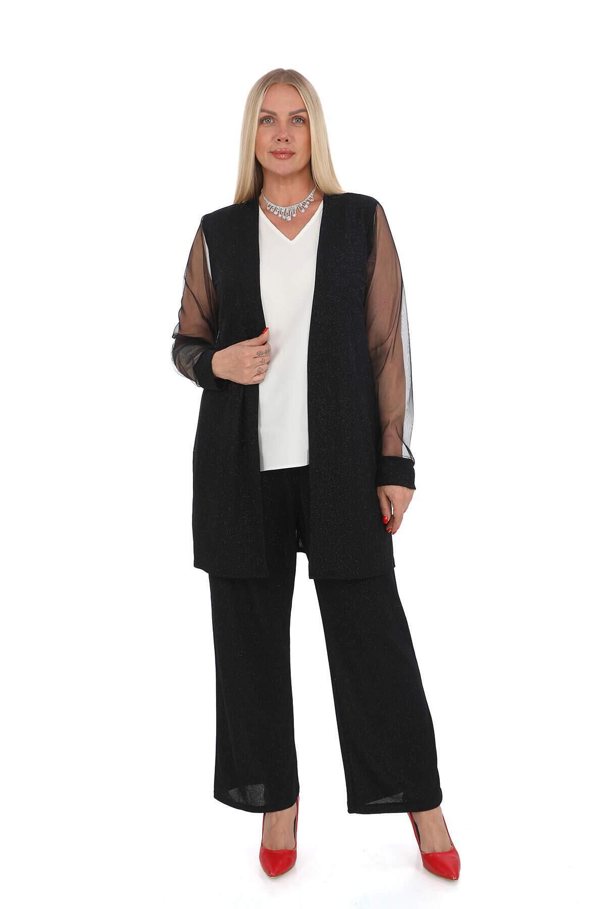 angelino butik Büyük Beden 3 Parça Pantolon Bluz Ceket Simli Kumaş Takım Siyah GLS532