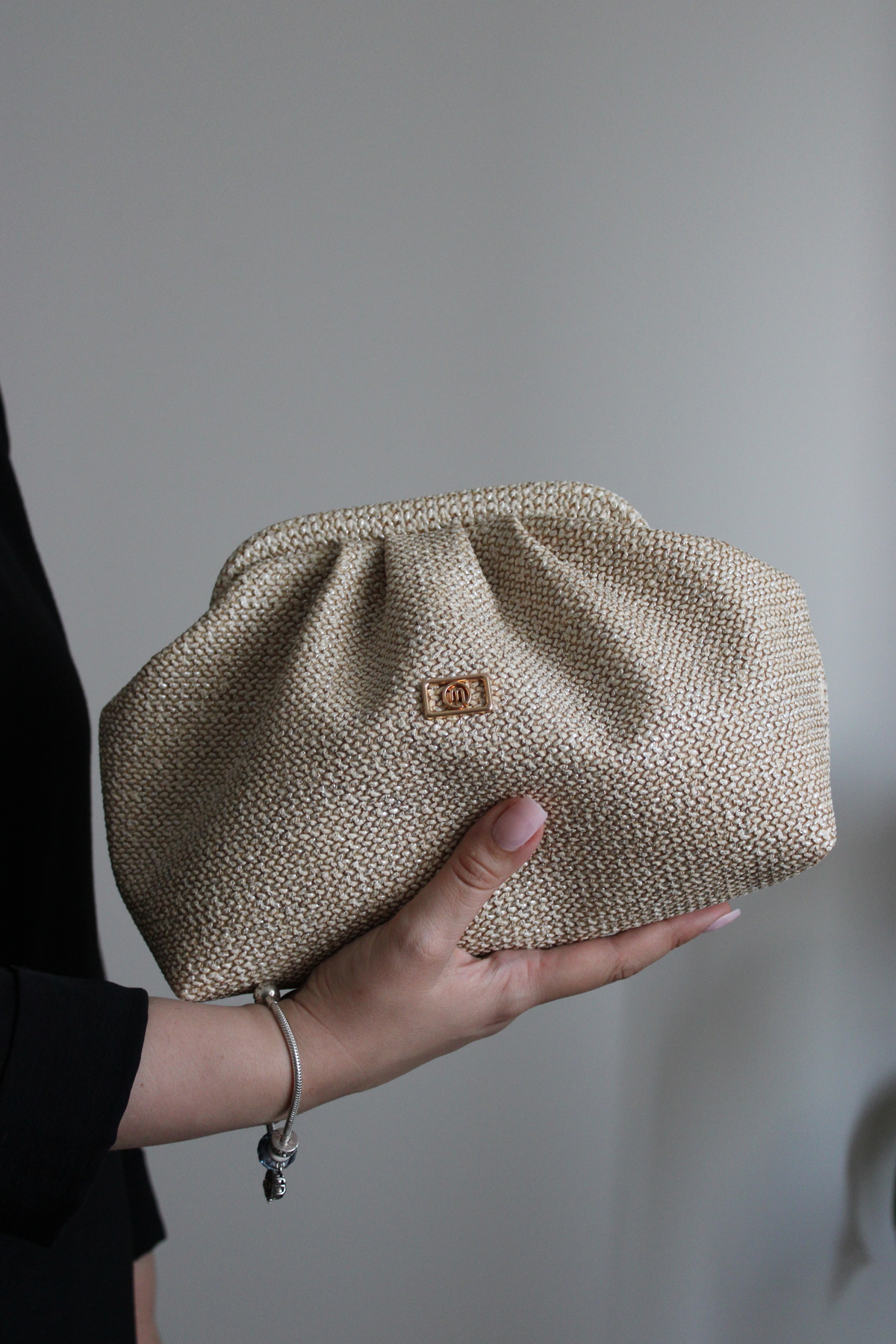 Mimoza Kadın Krem Hasır Görünümlü Suni Deri Clutch Çanta, El Ve Çapraz Askılı, Astarlı görsel 5