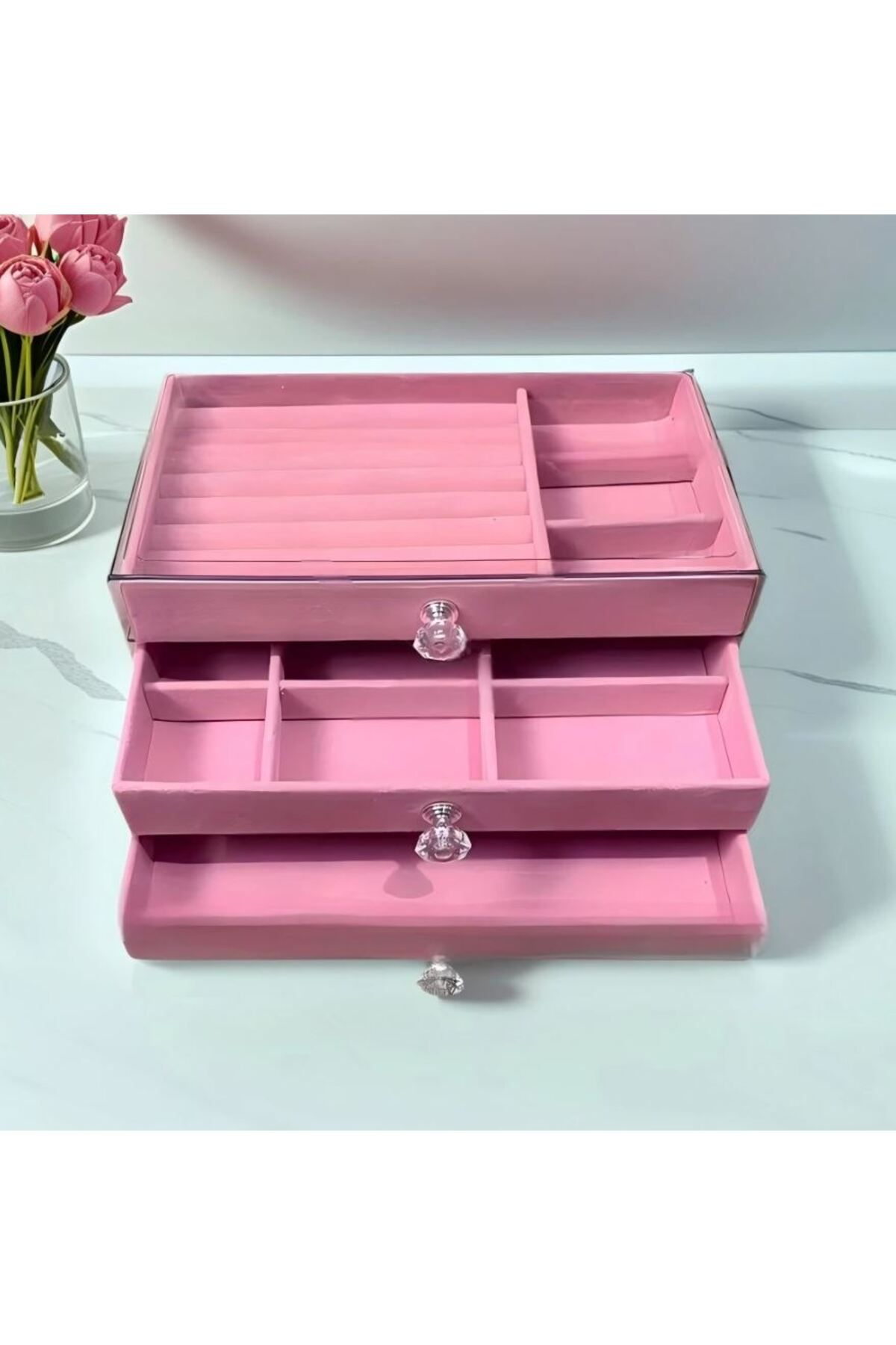 Büyük Hanım 3 Katmanlı Kadife Çekmeceli Pembe Takı Kutusu