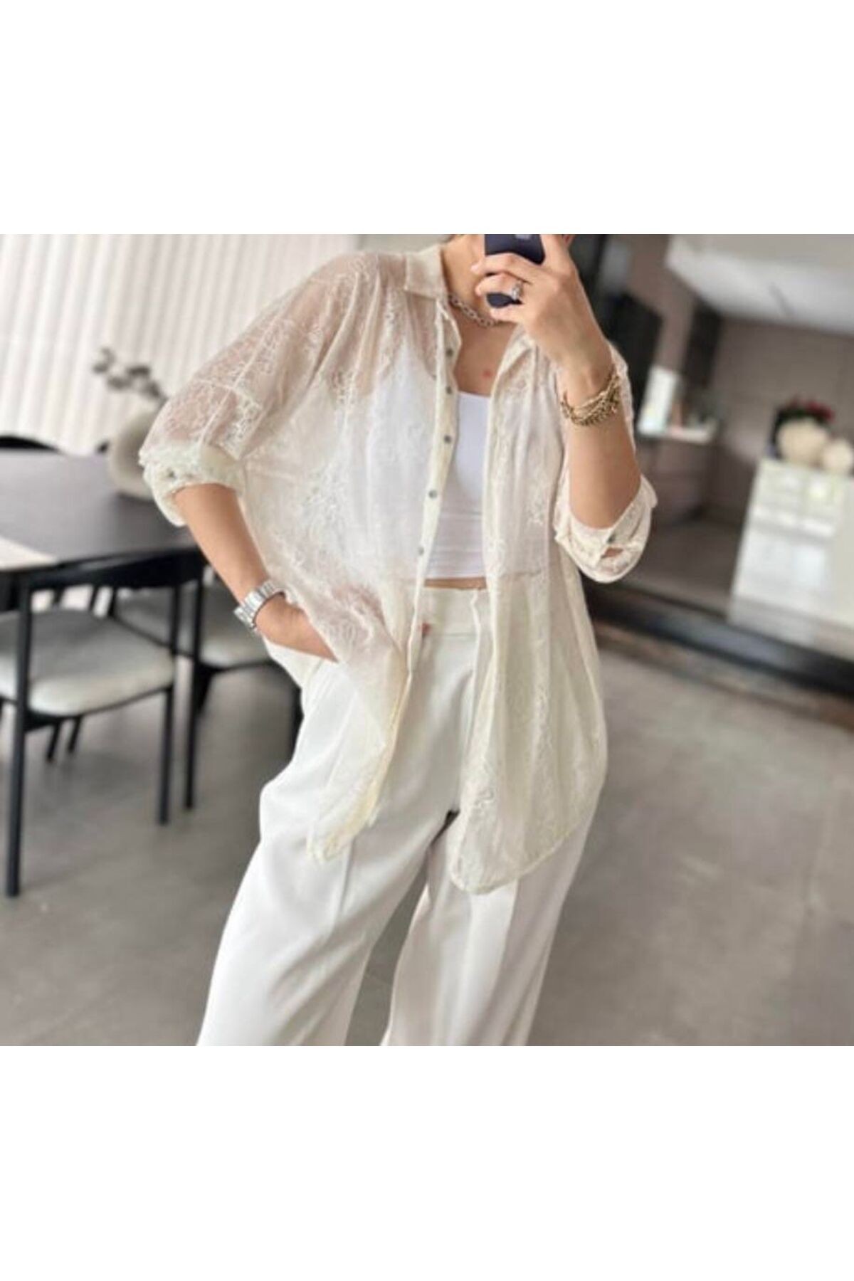 fatma keskin linna butik Kadın Dantel Gömlek Kırık Beyaz
