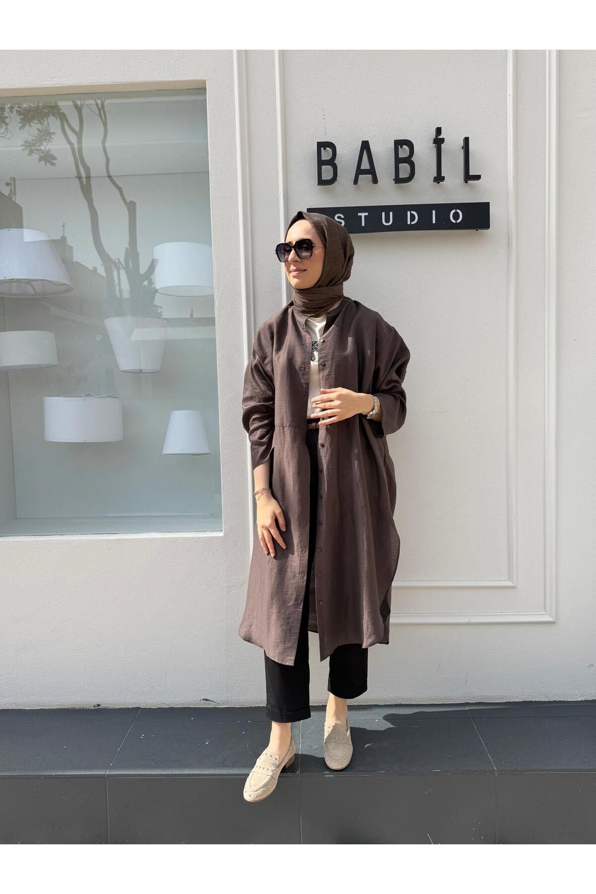 QOOQ STORE 25SS239 Keten Kadın Uzun Gömlek Kahve
