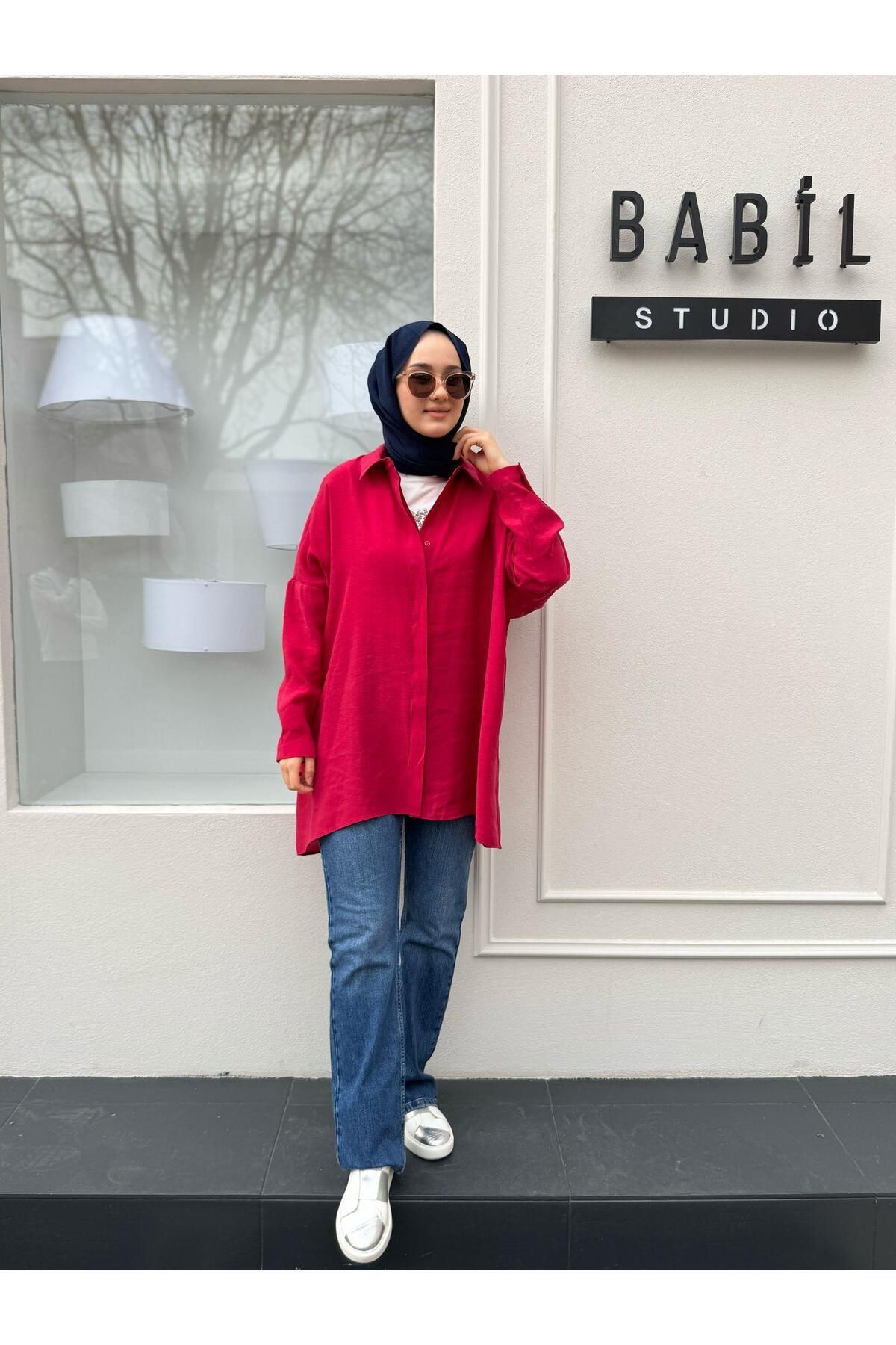 QOOQ STORE Yarasa Kol Kadın Basic Gömlek Nar Çiçeği