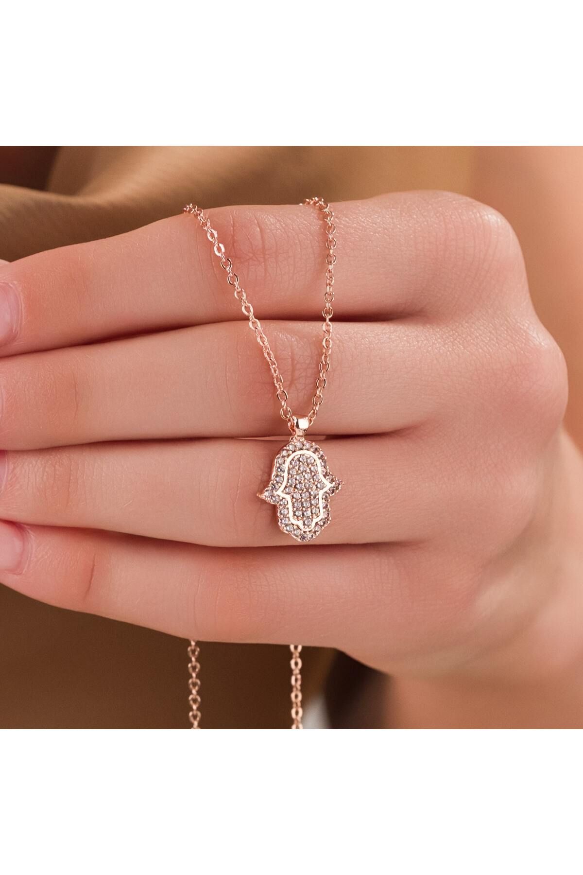 HOBİSY GIFT SHOP Zirkon Taşlı Fatma Ana Eli Kolye – Rose Renk Şans ve Nazar Sembolü