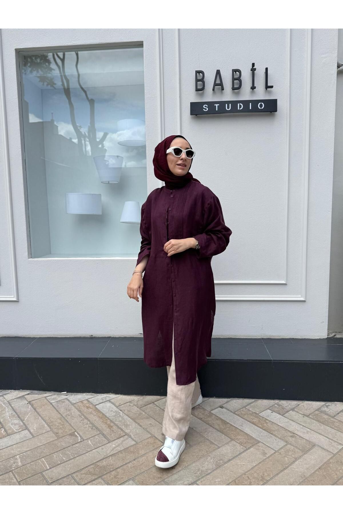 QOOQ STORE 25SS230 Keten Dikişli Min Kadın Uzun Gömlek Mürdüm