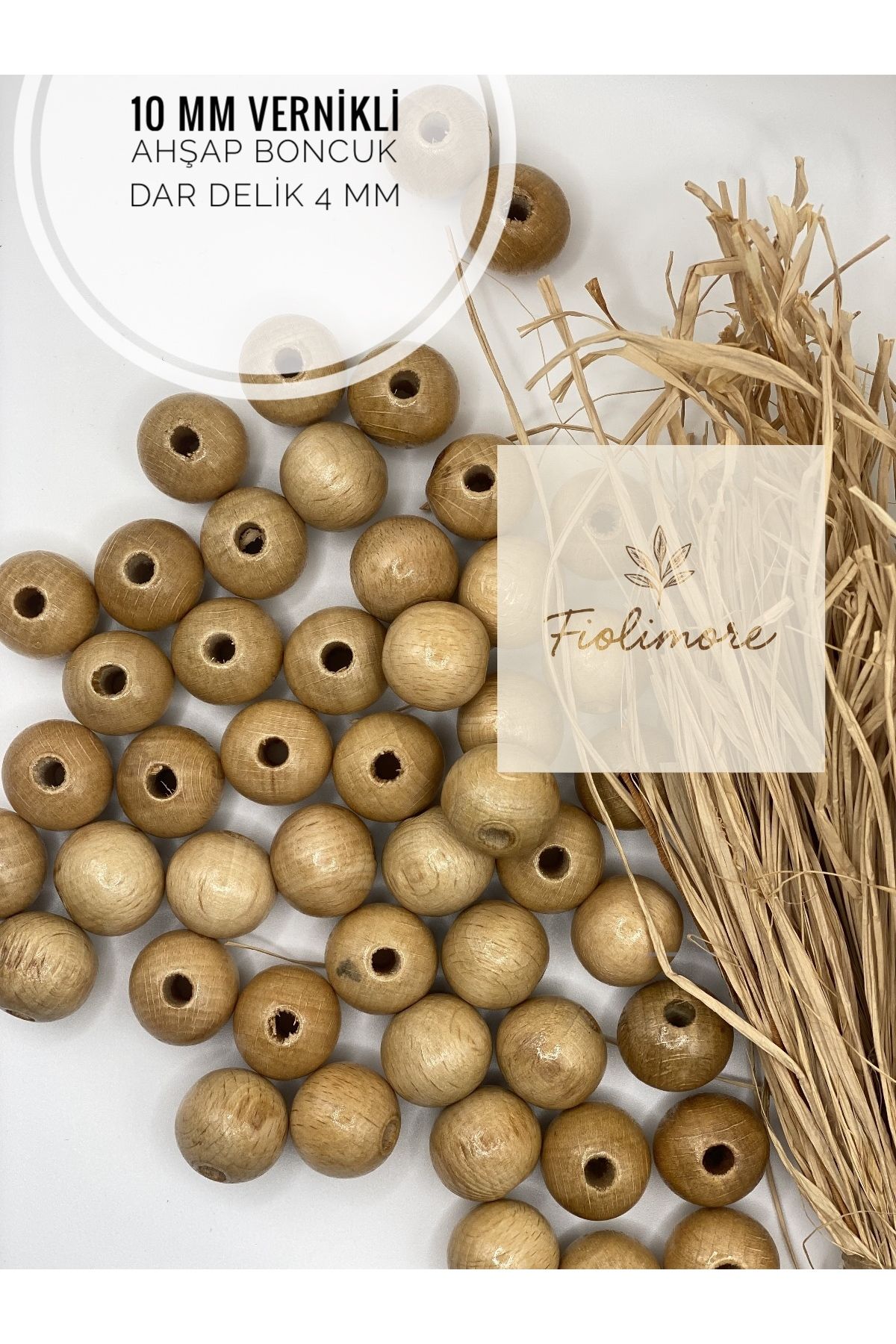 Fiolimore 10 mm Vernikli Ahşap Boncuk (50 Gram 140 Adet) Delik Çapı 4 mm Yuvarlak Dar Delik Tahta
