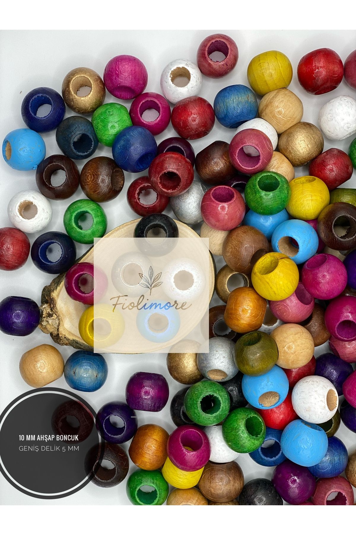 Fiolimore 10 mm Karışık Renk Ahşap Boncuk (50 Gram 155 Adet) Delik Çapı 5 mm Yuvarlak Geniş Delik Renkli Tahta